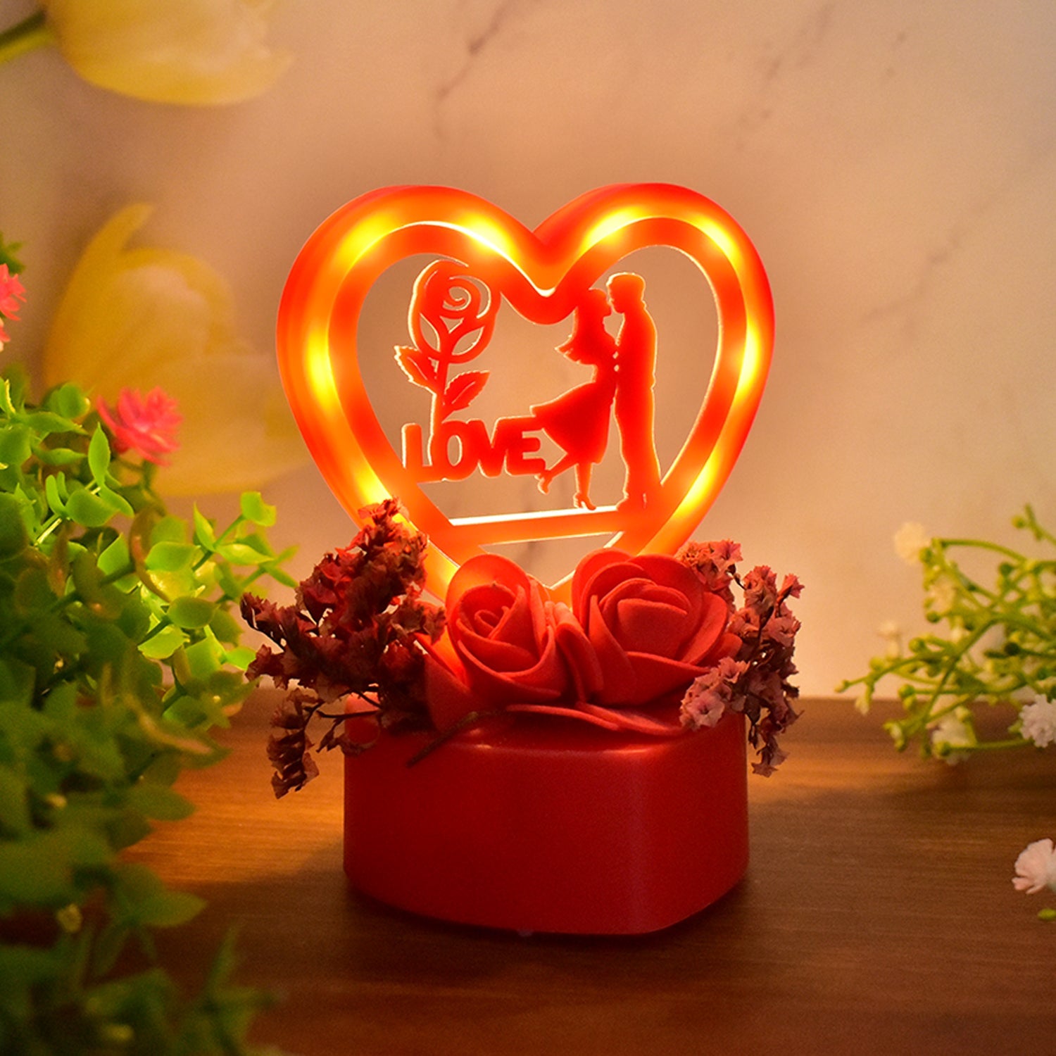 Romantic Heart-Shaped Love Couple Decorative Showpiece with Rose Base