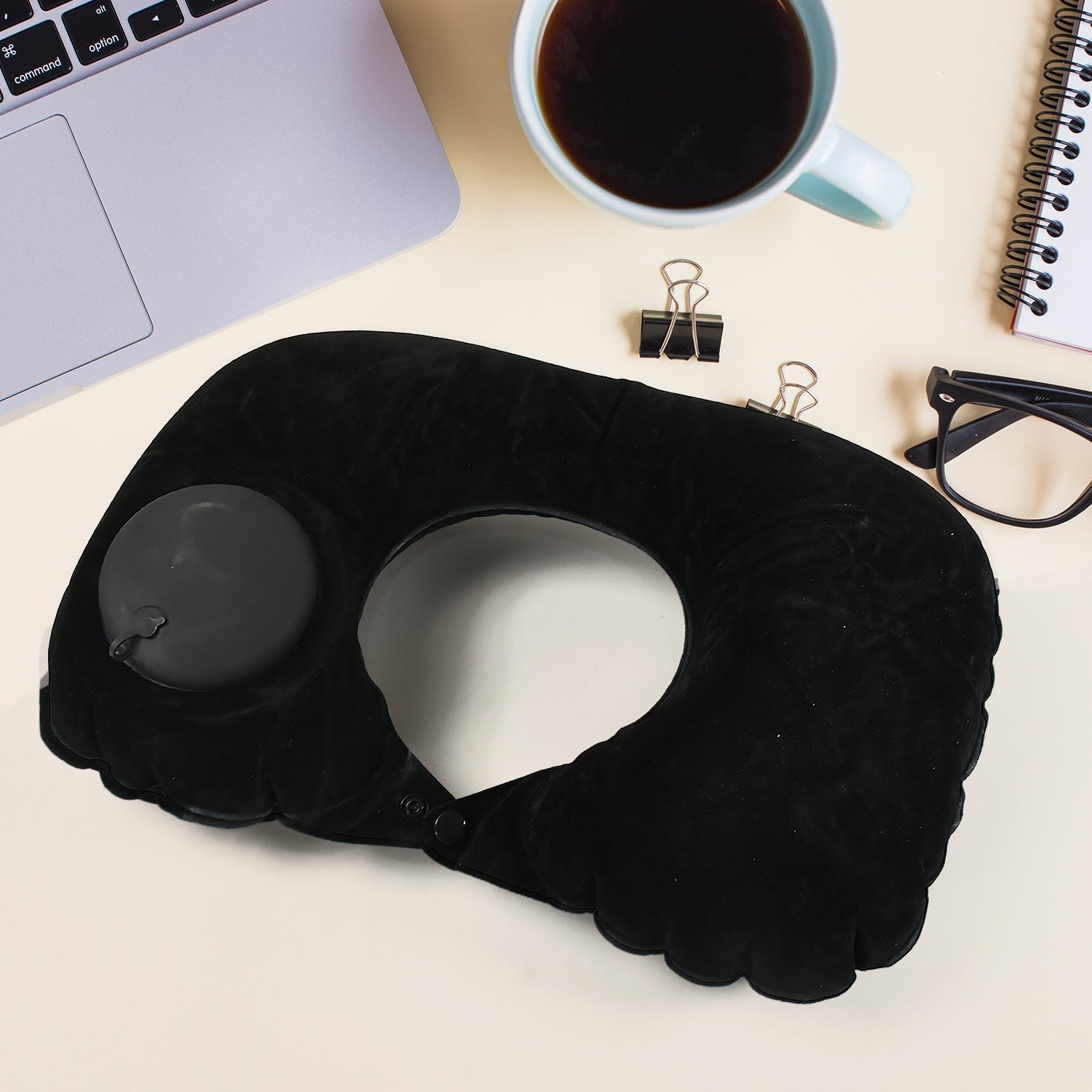 8512 3 in 1 Comfortable Travel Sleeping Kit, Neck Pillow, Eye Mask & Ear Plug Set Inflatable Plane Sleeping Pillow Head Neck Support Pillows for Travel Airplane Office, Black