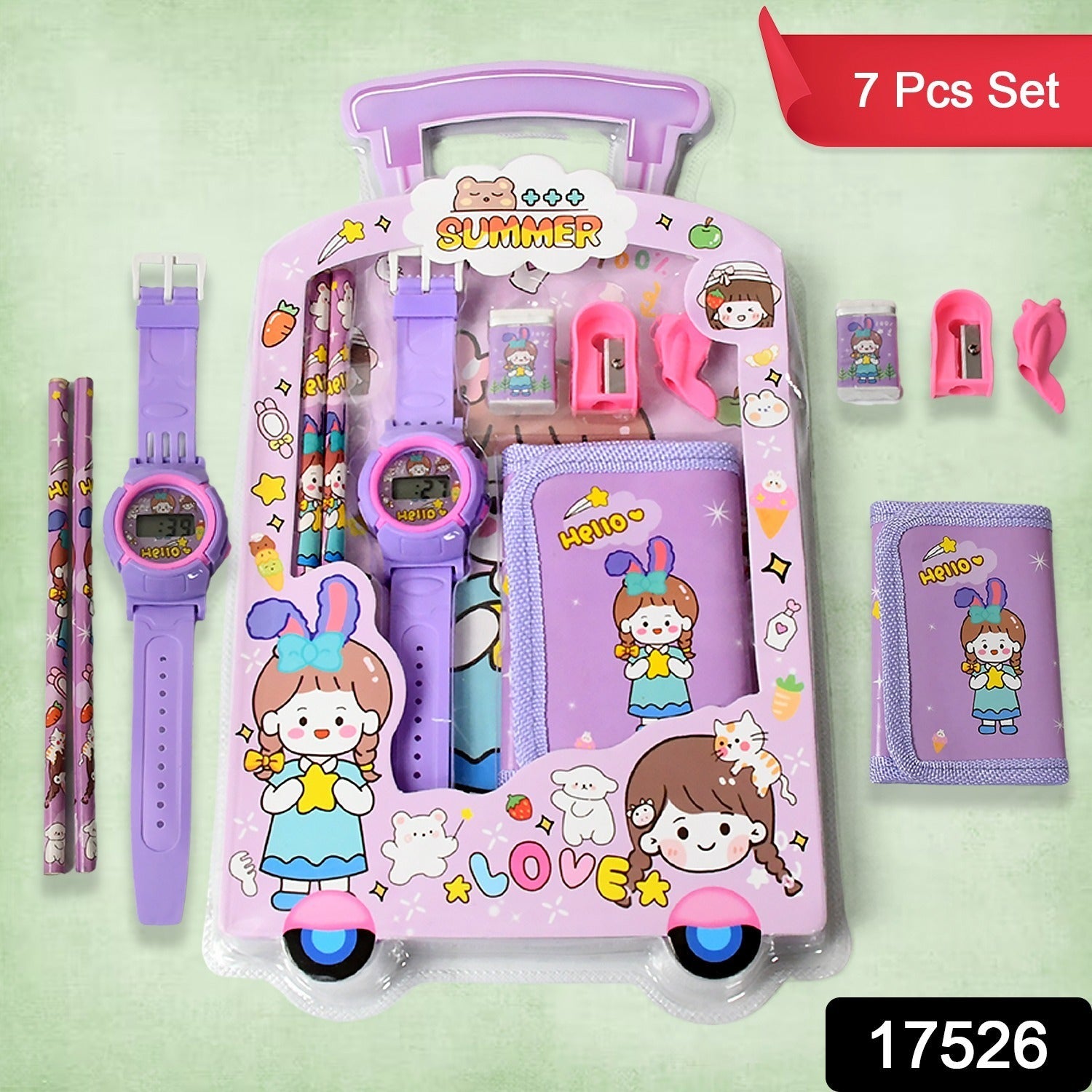 17526 Stationery Set for Girls and Boys | Kids Return Gift - 7 In 1 School Items For Kids-Pencils, Eraser, Sharpener, Pouch, Pencil Extender | Birthday Gift Idea Stationary Kit Set for School Kids (Pack of 7 Pcs Set)