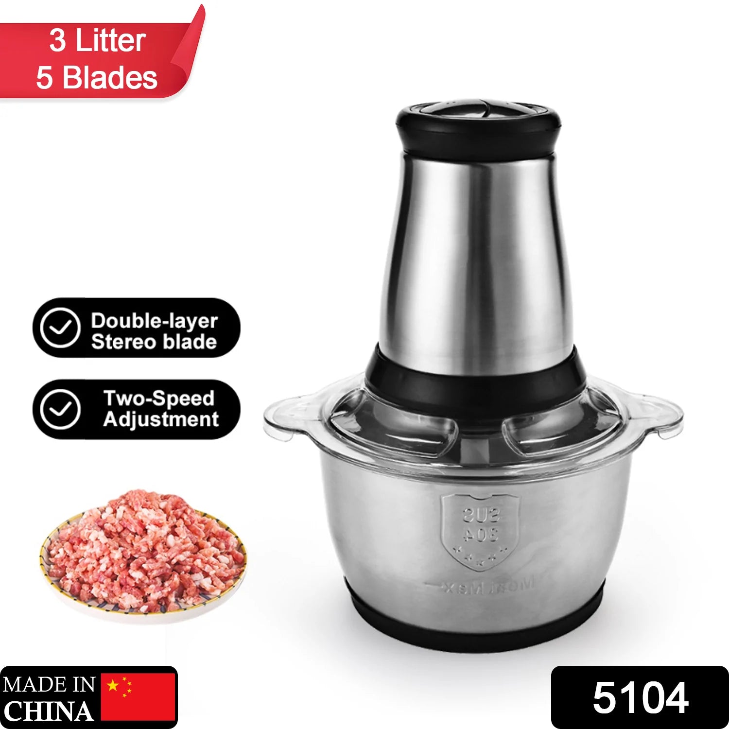 5104 3Ltr Electric Food Processor Stainless Steel Onion Cutter Multi Chopper  2 Speed Levels 5 Blades Universal Chopper for kitchen