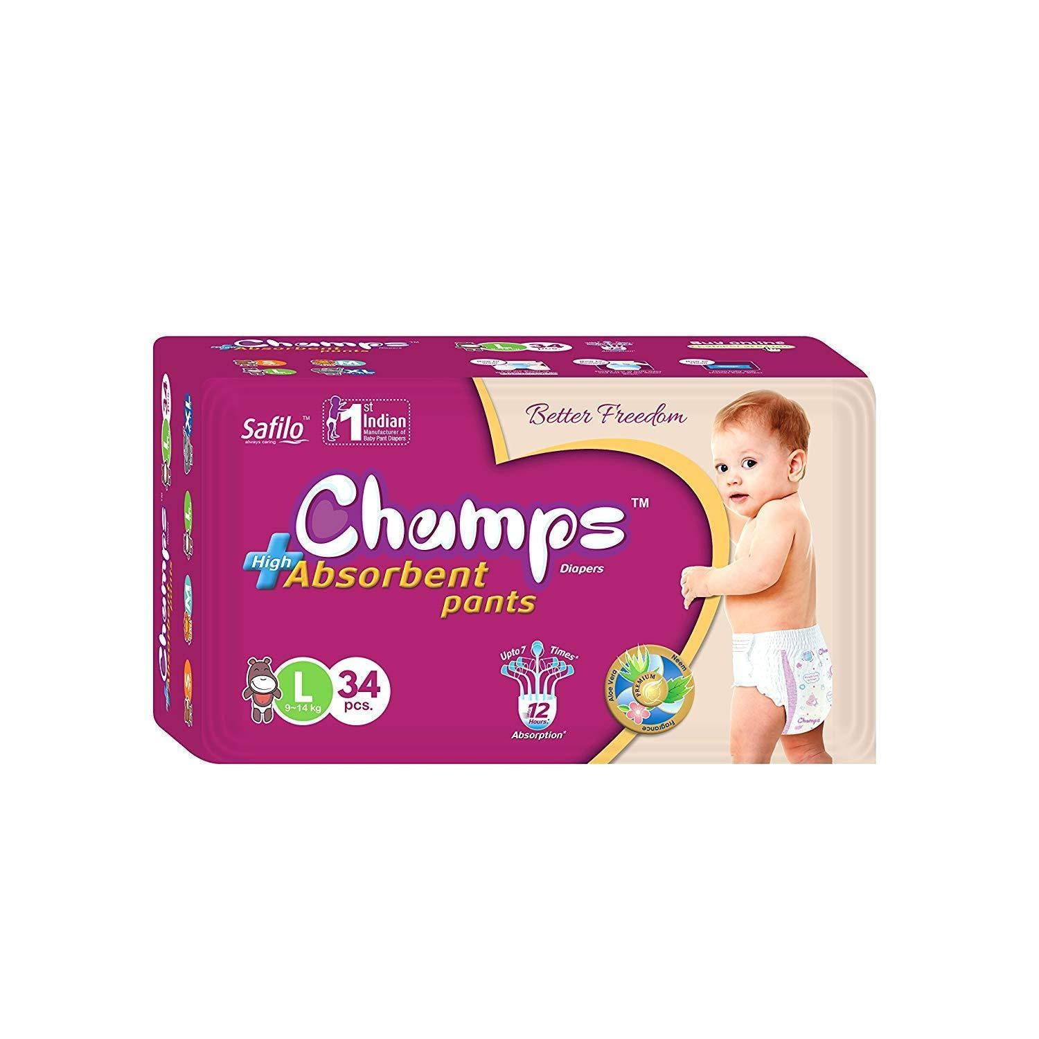 0954 Premium Champs High Absorbent Pant Style Diaper Large Size, 34 Pieces (954_Large_34) - SkyShopy