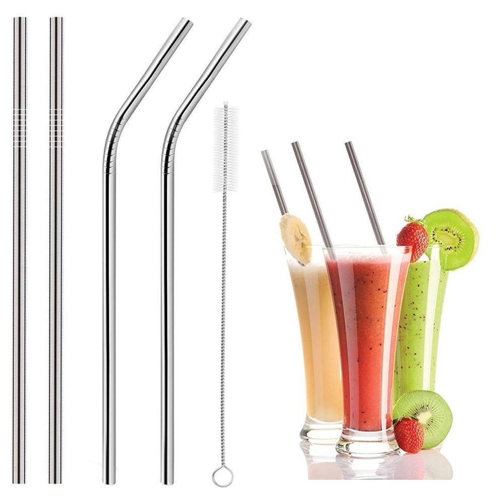 0579 Set of 4 Stainless Steel Straws & Brush (2 Straight straws, 2 Bent straws, 1 Brush) - SkyShopy
