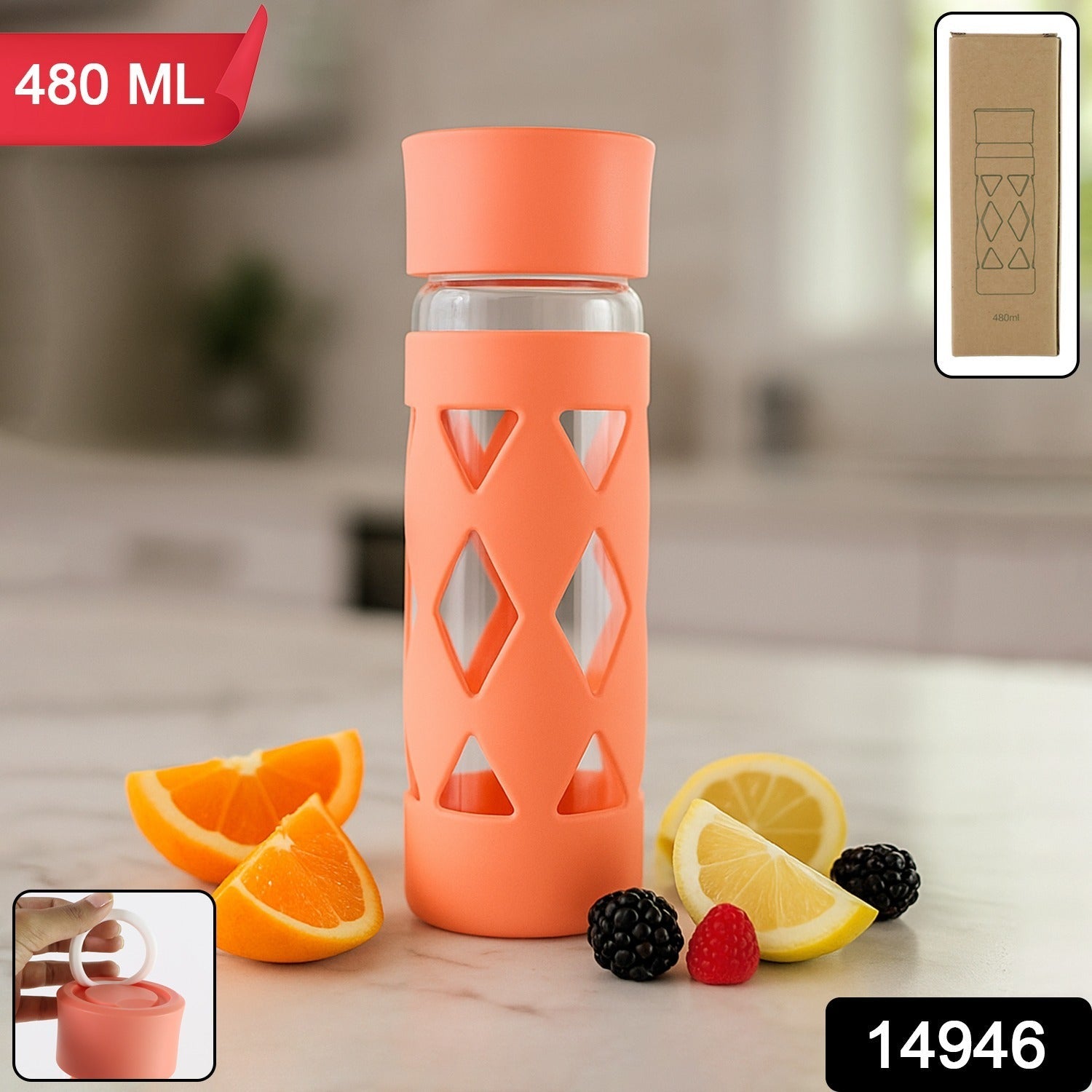 Glass Water Bottle with Protective Sleeve - (1 Pc / 480 ML)