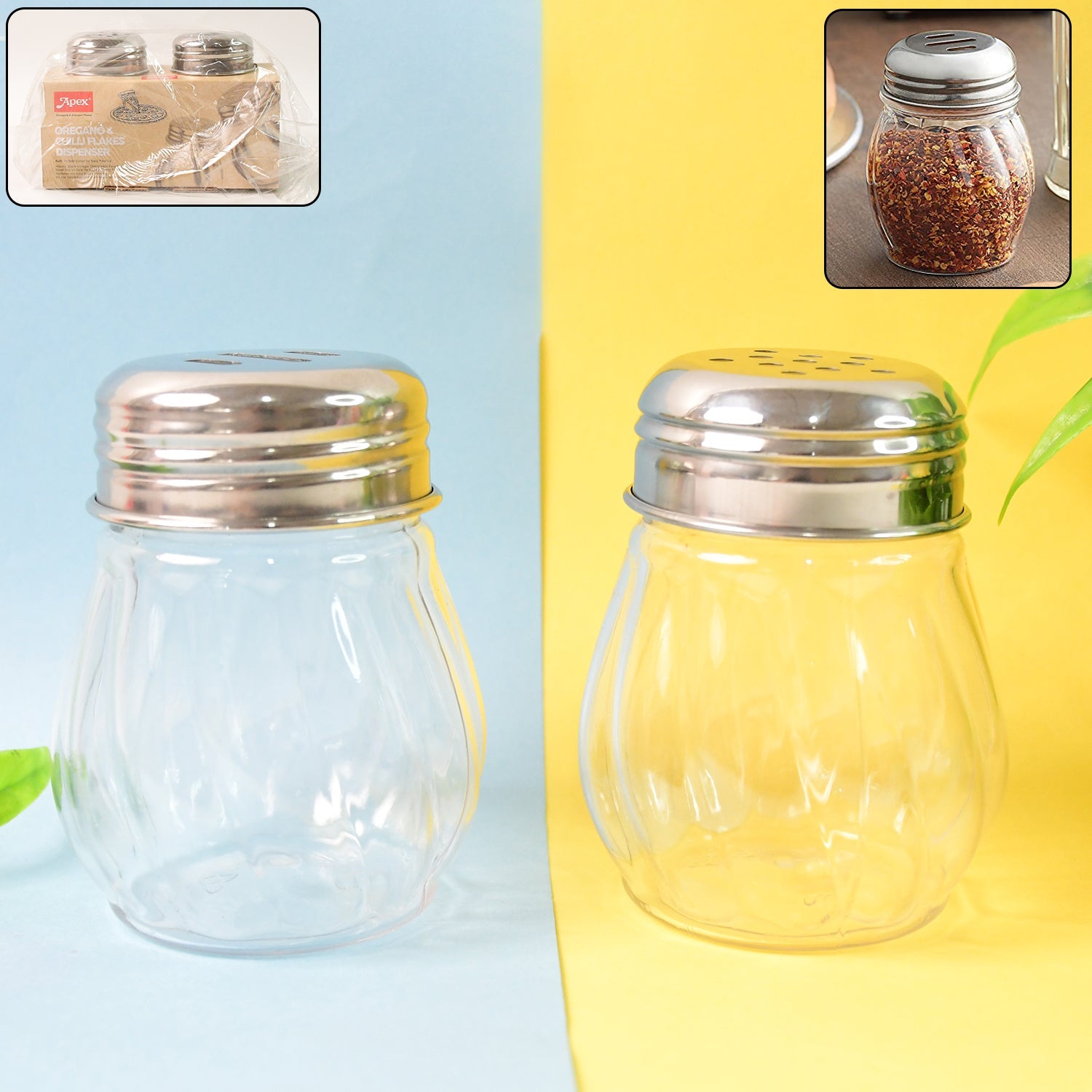 Apex Oregano & Chilli Flakes Dispenser Set – 2 Pcs Glass Spice Shaker with Stainless Steel Lid