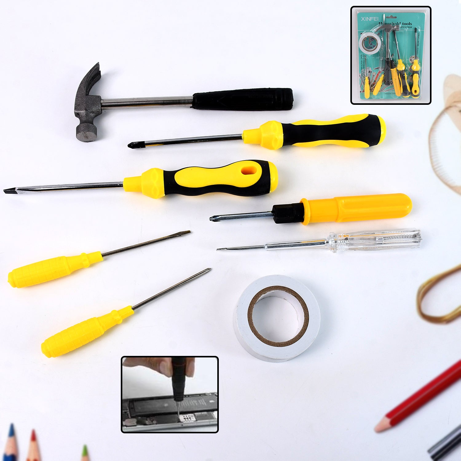 8 In 1 Hand Tool Kit, Steel And Plastic Hammer, Screwdriver & Tape ...