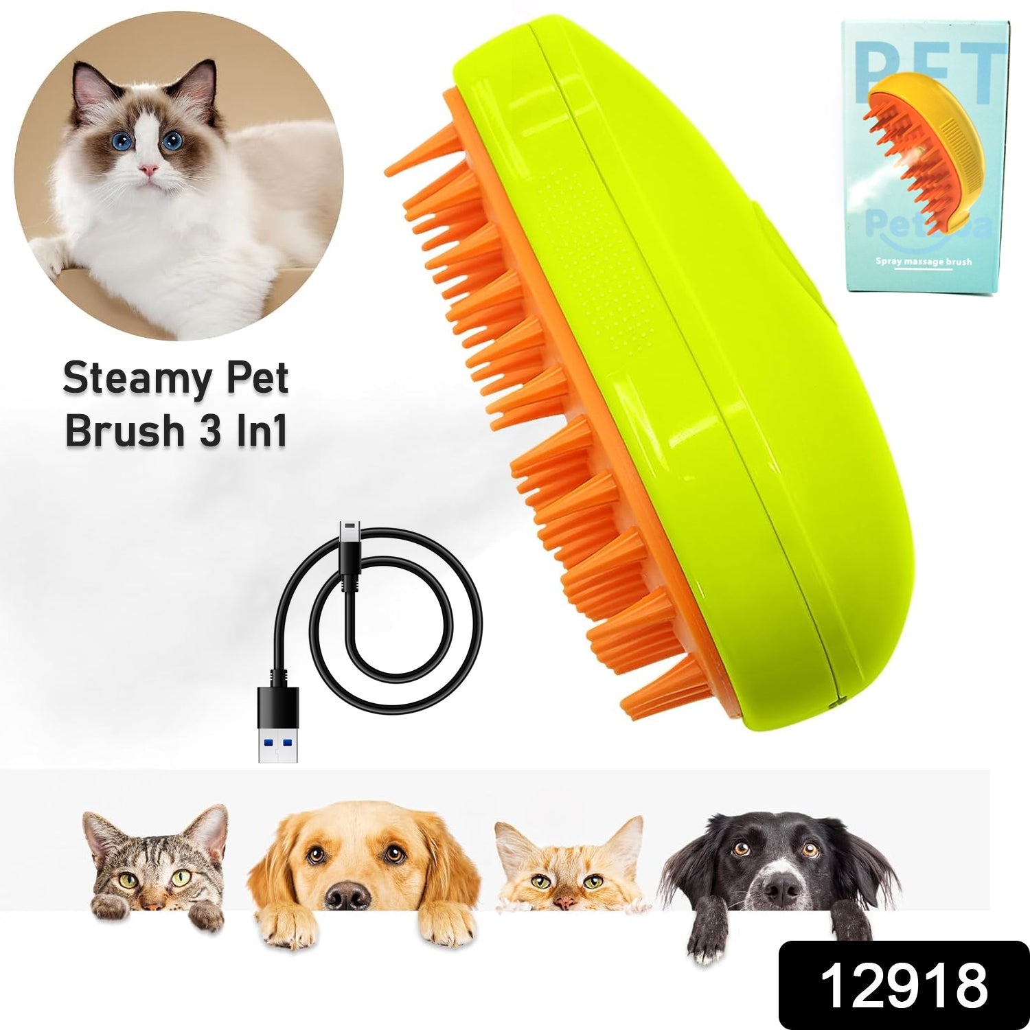 12918 3 In1 Cat Steamy Brush, Self Cleaning Steam Cat Brush Cat Steamer Brush for Massage Cat Grooming Brush Pet Hair Removal Comb for Cat and Dog, for Removing Tangled and Loose Hair