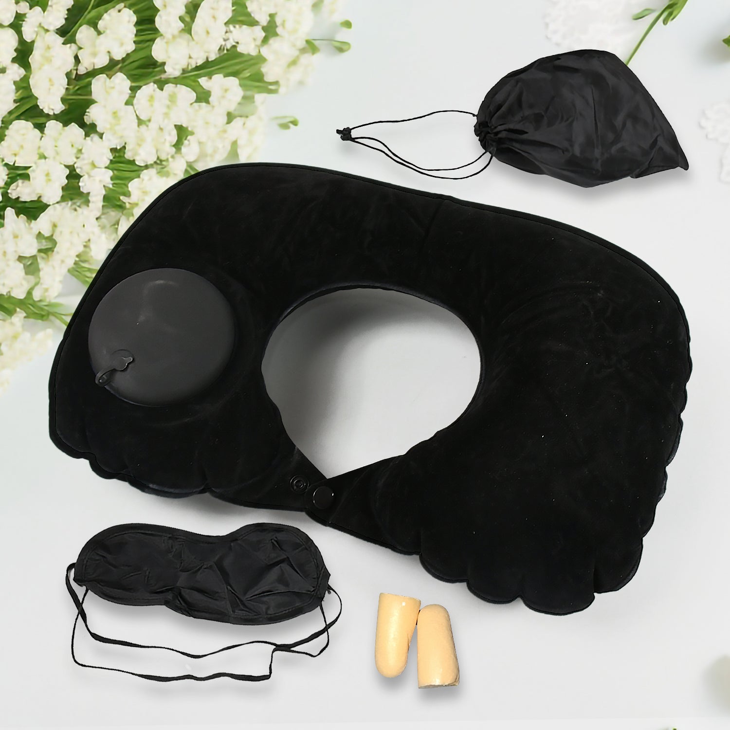 8512 3 in 1 Comfortable Travel Sleeping Kit, Neck Pillow, Eye Mask & Ear Plug Set Inflatable Plane Sleeping Pillow Head Neck Support Pillows for Travel Airplane Office, Black