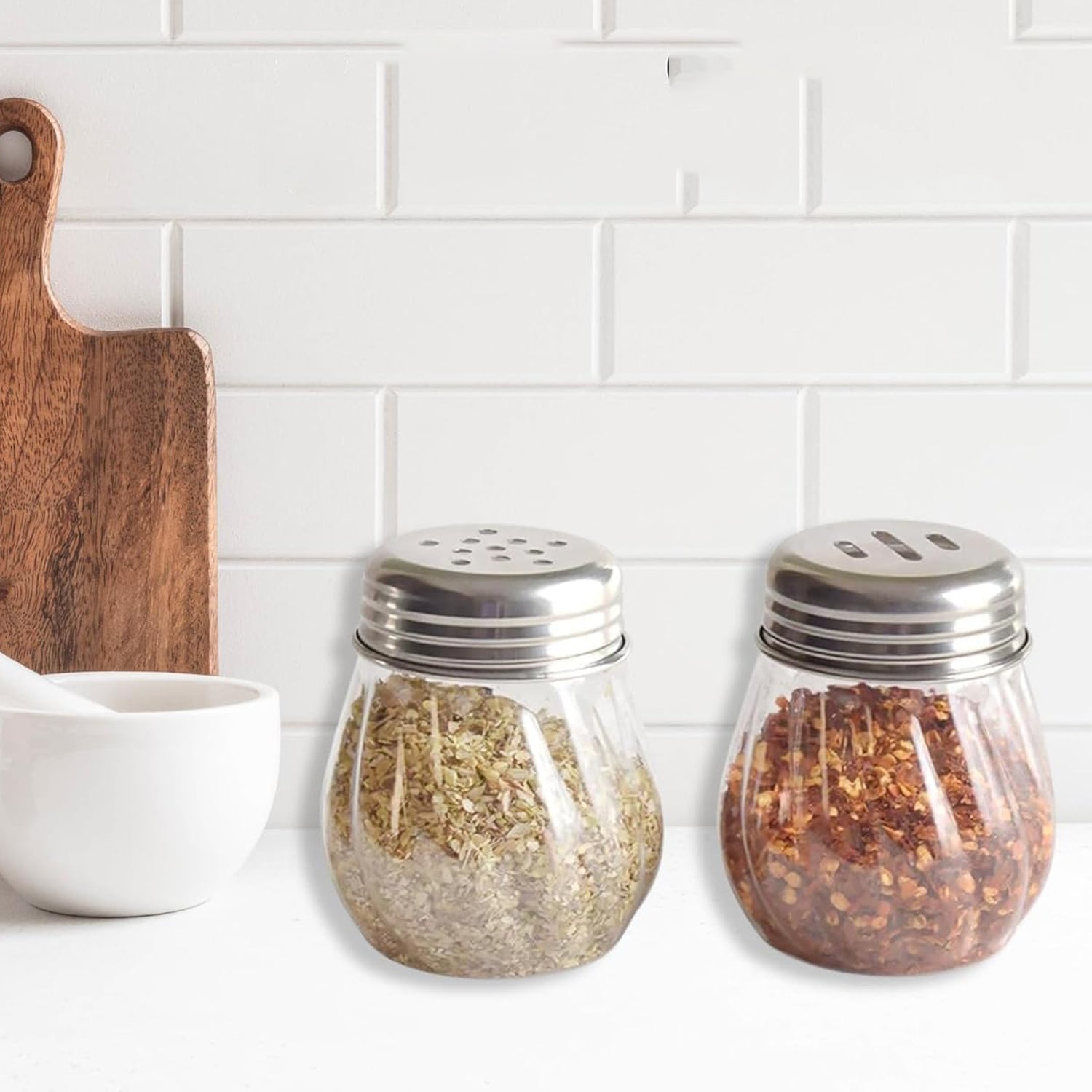 Apex Oregano & Chilli Flakes Dispenser Set – 2 Pcs Glass Spice Shaker with Stainless Steel Lid