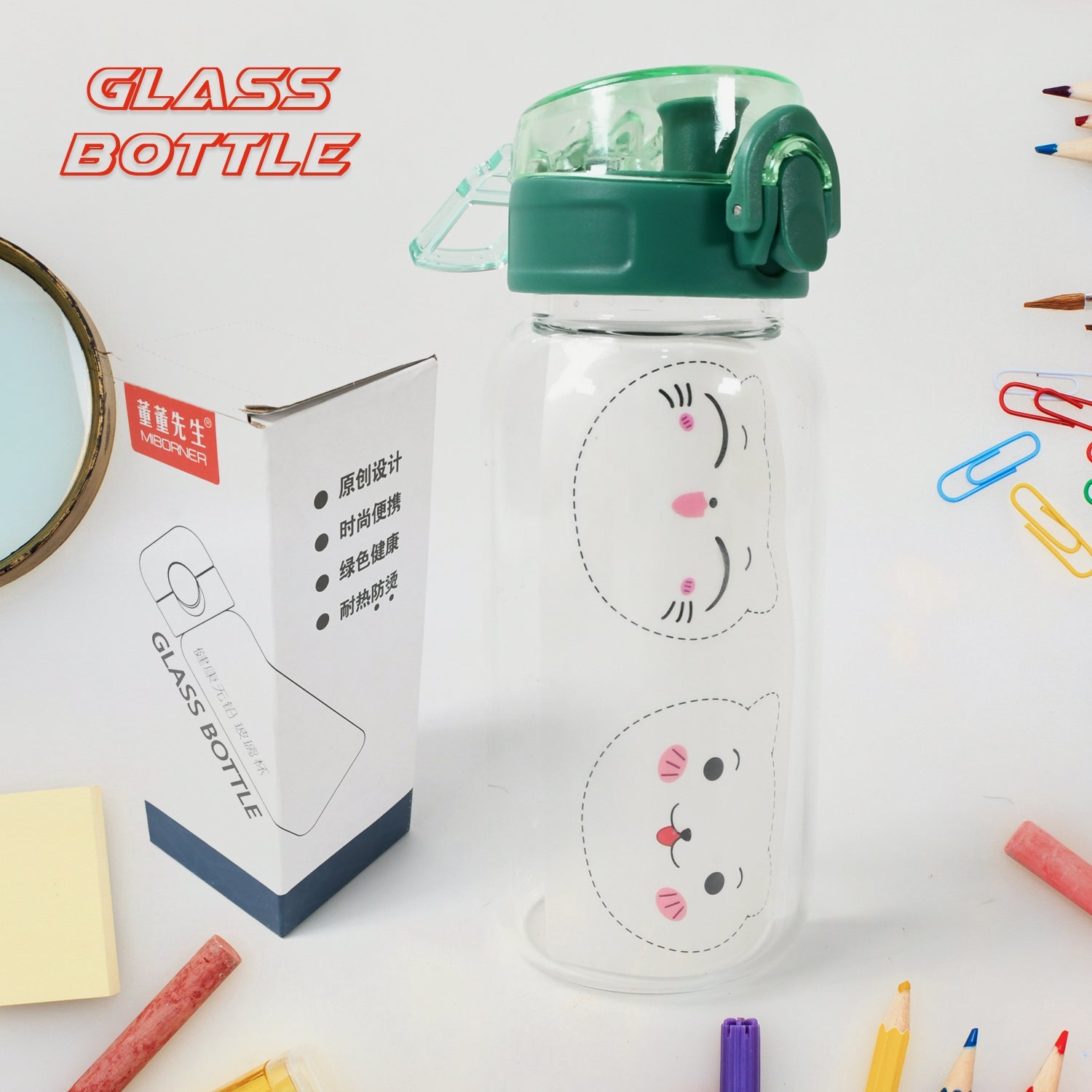 12713 Anti-Leak Glass Water Bottle, Crystal Glass Water Bottle For Kids, Stylish Water Bottle with Sipper
