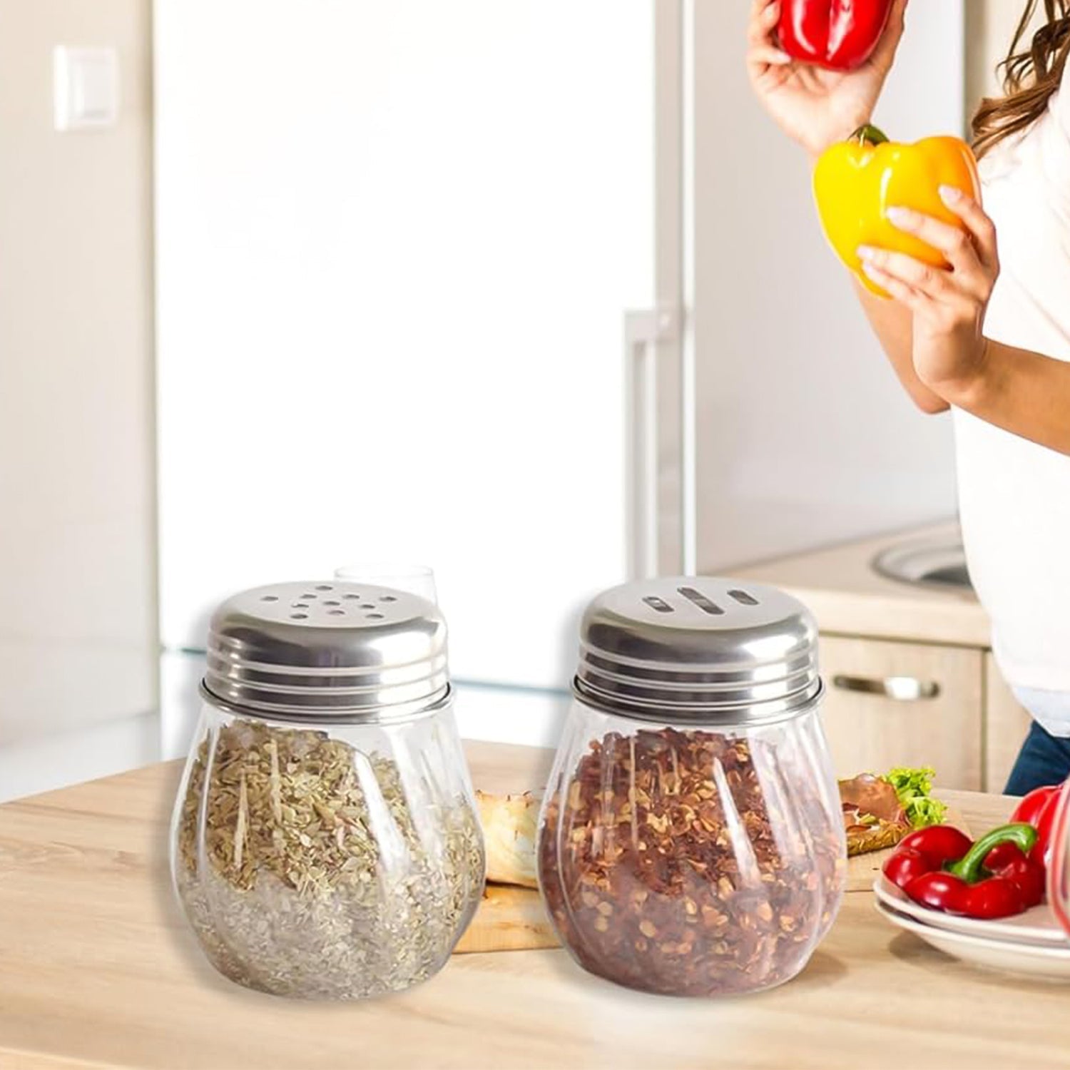 Apex Oregano & Chilli Flakes Dispenser Set – 2 Pcs Glass Spice Shaker with Stainless Steel Lid