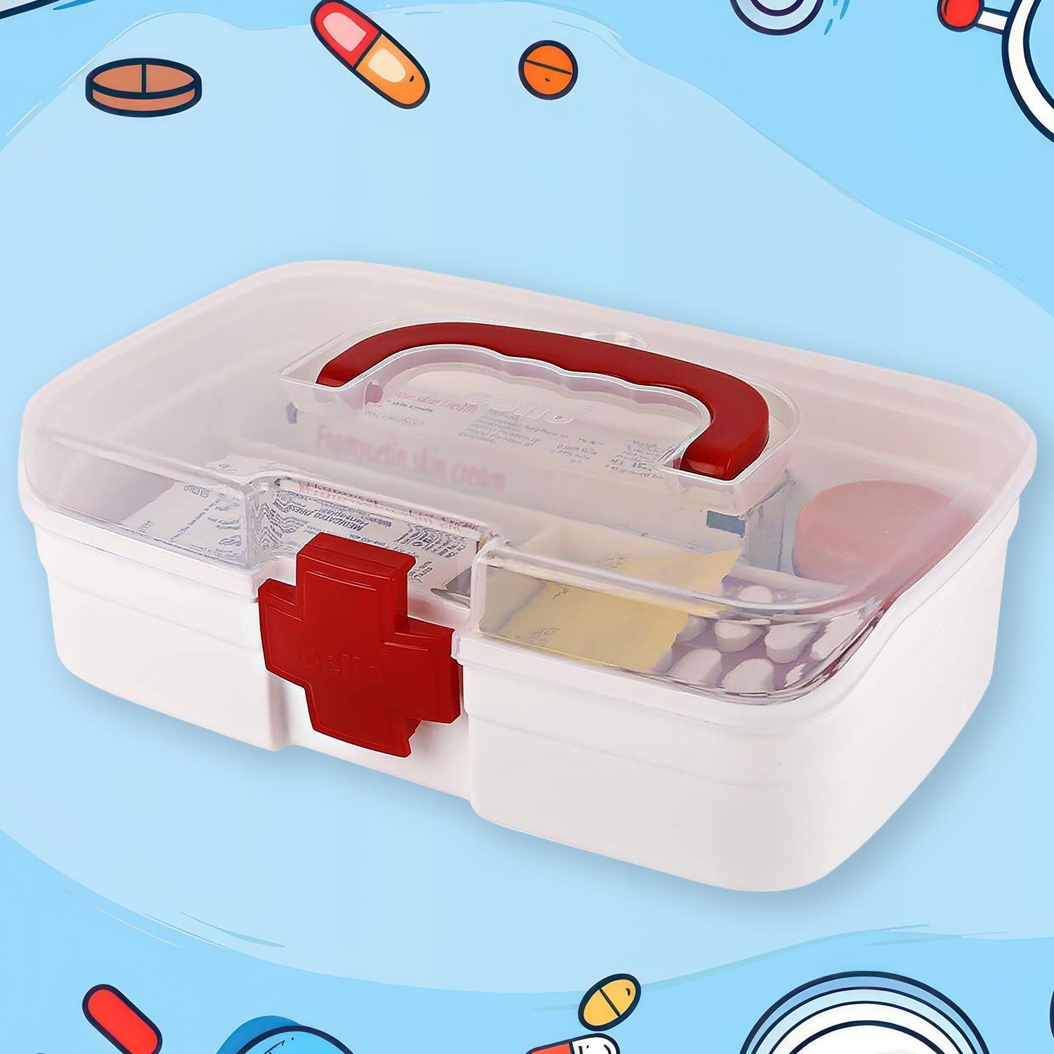 12980 3 Compartment Medical Box, 1 Piece, Indoor Outdoor Medical Utility, Medicine Storage Box, Detachable Tray Medical Box Multi Purpose Regular Medicine, First Aid Box with Handle, Transparent Lid & Color Box 