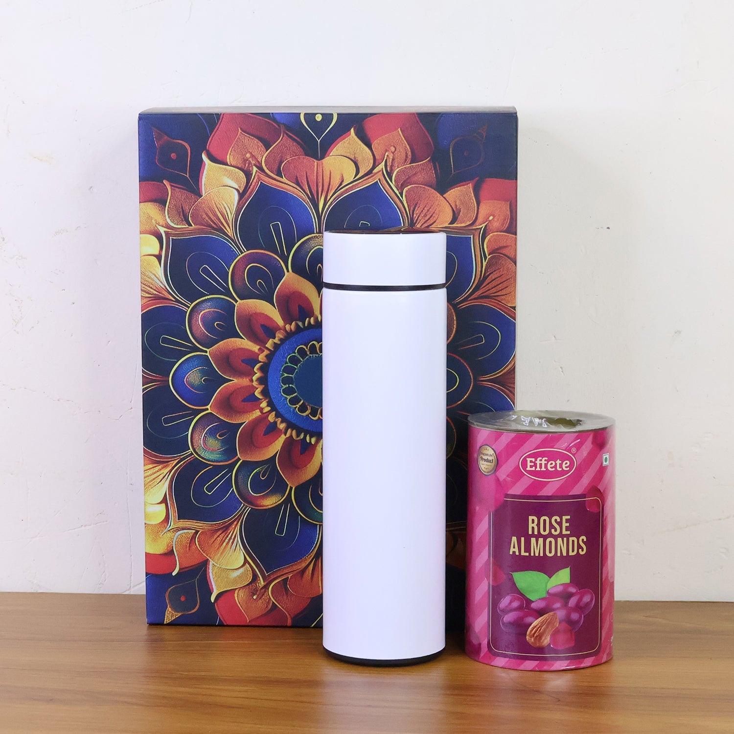 Effete Rose Almonds Gift Hamper, Golden With Bottle (2 Pc Set)