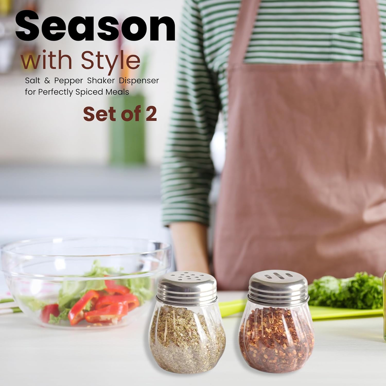Apex Oregano & Chilli Flakes Dispenser Set – 2 Pcs Glass Spice Shaker with Stainless Steel Lid