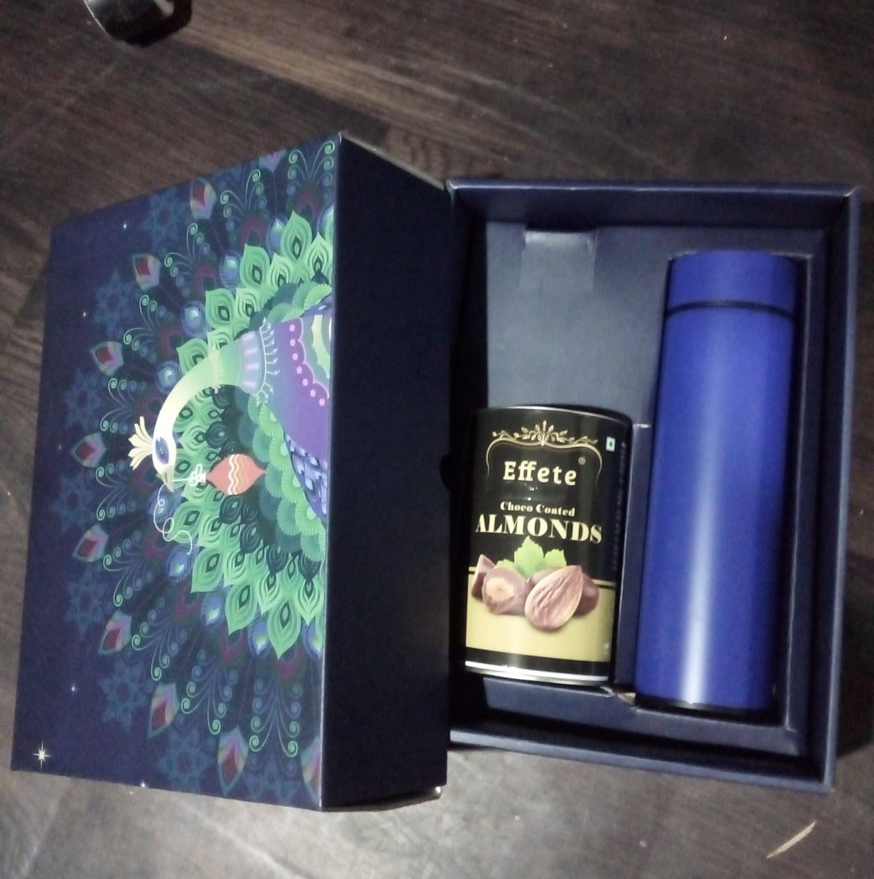 Personalized Temperature Water Bottle & Choco Almond Chocolate (With Attractive Peacock Box / 2 Pc Set)