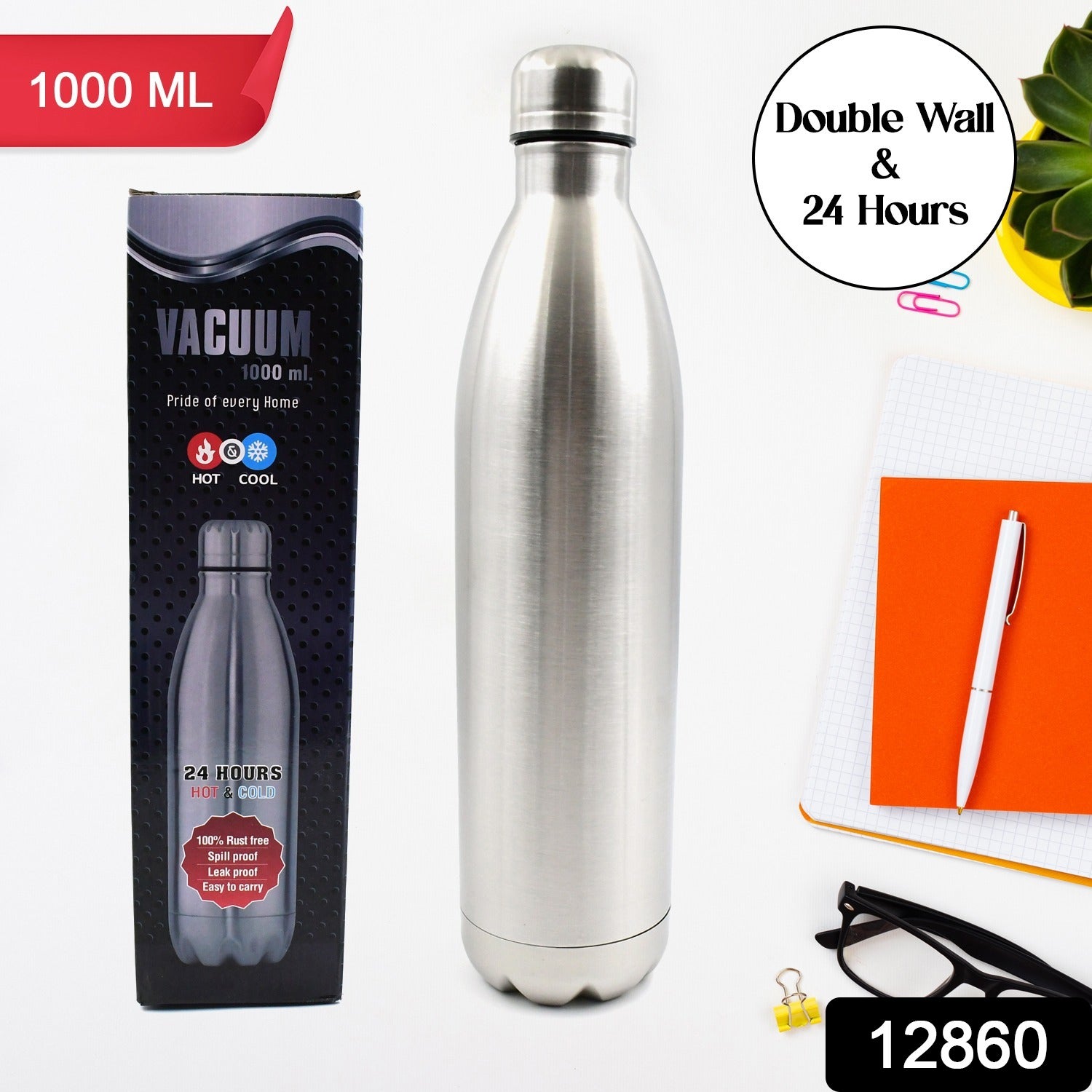 12860 Vacuum Stainless Steel Double Wall Water Bottle, Fridge Water Bottle, Leak Proof, Rust Proof, Cold & Hot Thermos steel Bottle| Leak Proof | Office Bottle | Gym | Home | Kitchen | Hiking | Trekking | Travel Bottle (1000 ML)