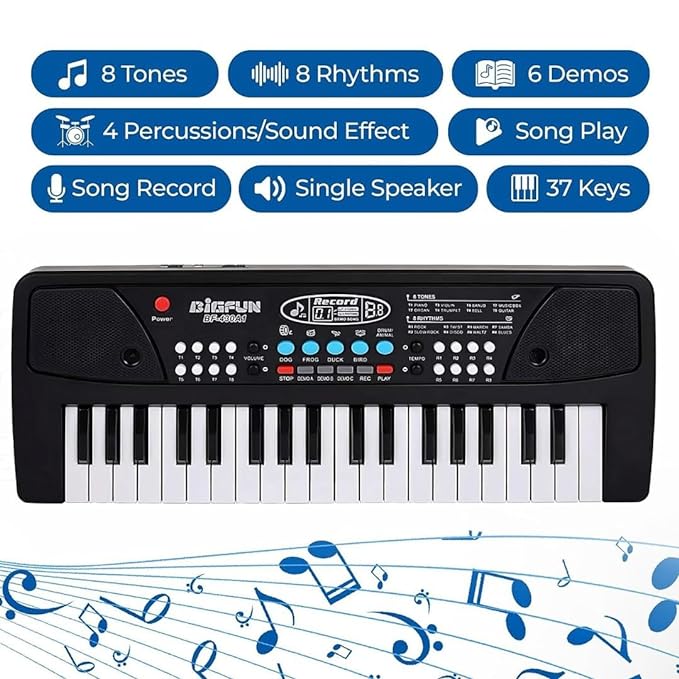 Kids Piano with Mic | 1 Year Warranty | 37 Keys 8 Rhythms 8 Tones 6 Demos | Portable Electronic Keyboard Toy Beginners | Educational Songs Recording