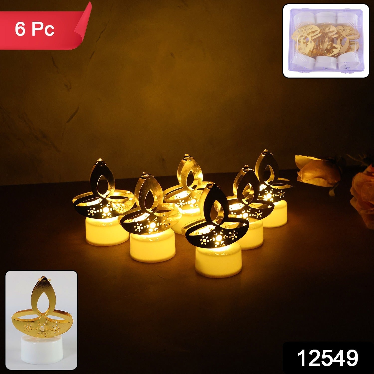Golden Diya Shaped LED Tealight Candles (6 Pc)