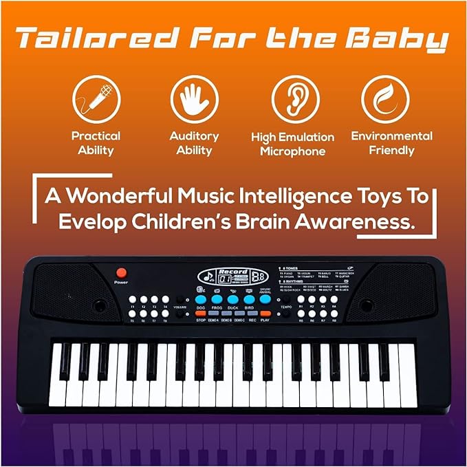 Kids Piano with Mic | 1 Year Warranty | 37 Keys 8 Rhythms 8 Tones 6 Demos | Portable Electronic Keyboard Toy Beginners | Educational Songs Recording
