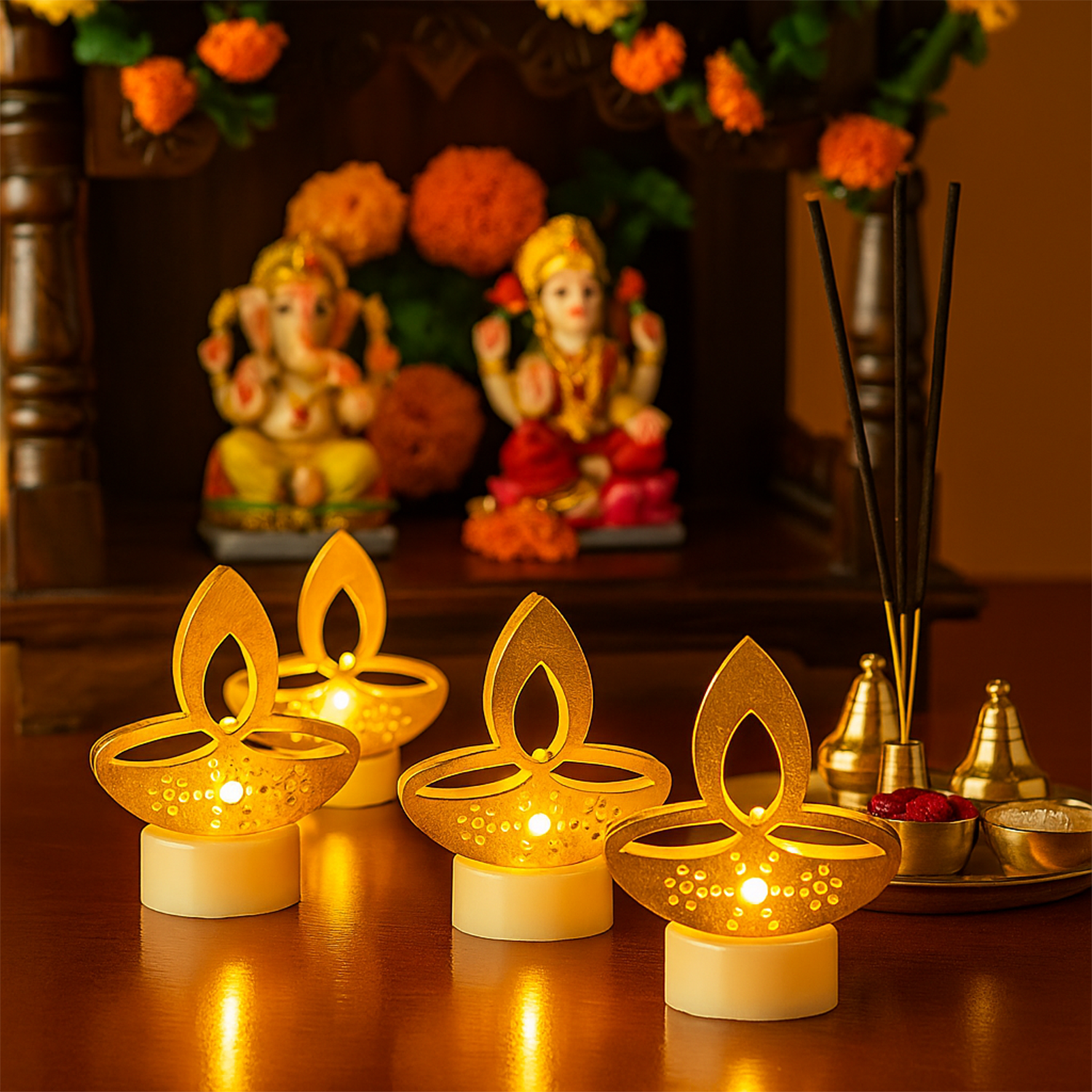 Golden Diya Shaped LED Tealight Candles (6 Pc)