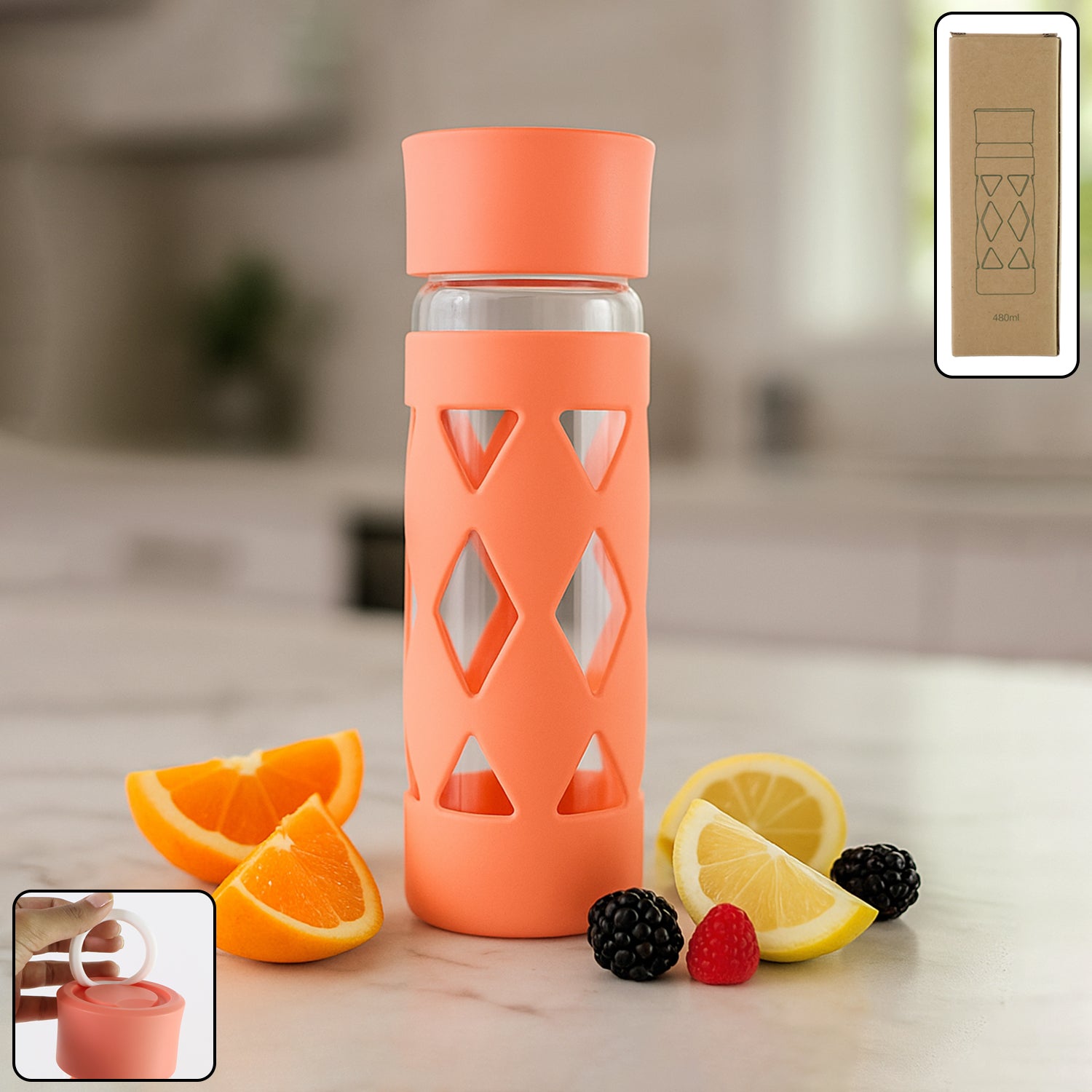 Glass Water Bottle with Protective Sleeve - (1 Pc / 480 ML)