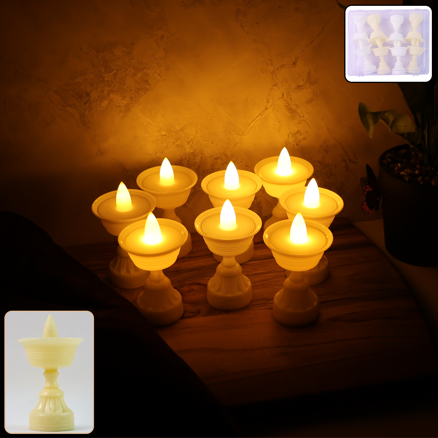 Set of 8 White Water Sensor LED Diyas