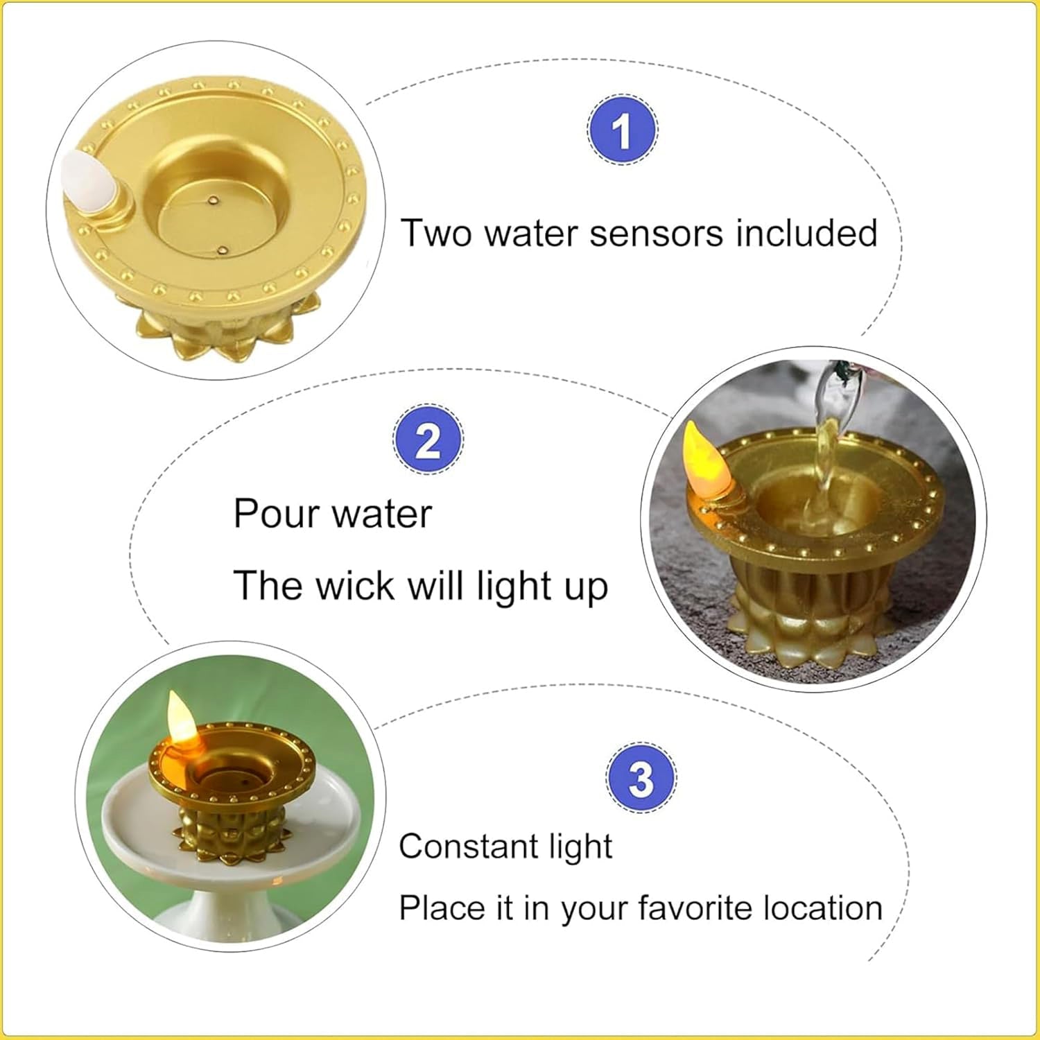 Set of 3 Water Sensor LED Golden Diyas
