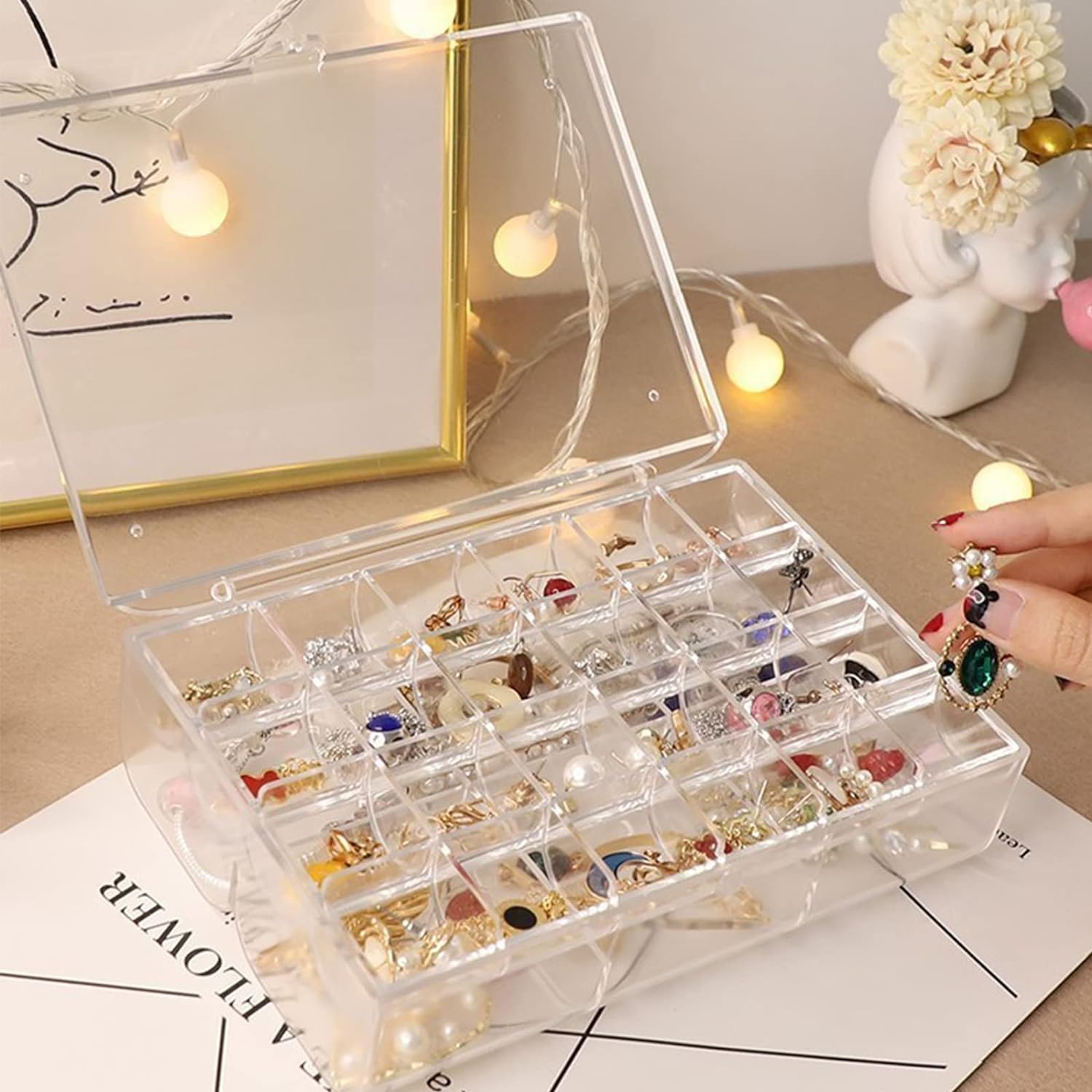 12829 2 layer Acrylic Jewelry Storage Box Dustproof Earring Box, Storage Box Portable Nail Art Storage Case, 24-Grid Small and 6-Grid Big case Makeup Vanity Box (1 Pc / 30 Compartment)