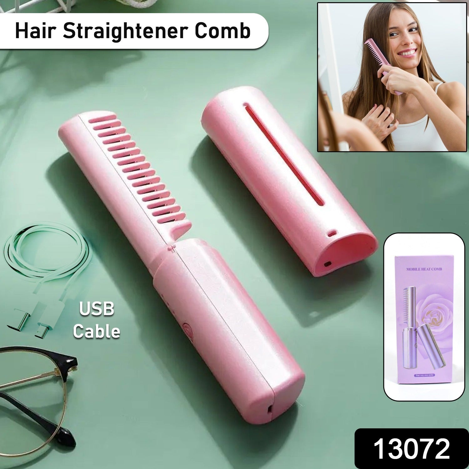 13072 Rechargeable Mini Hair Straightener, Travel Portable USB Charging Cordless Hair Straightener Bursh, Three Temperature Adjustments Flat Iron Comb (1 Pc)