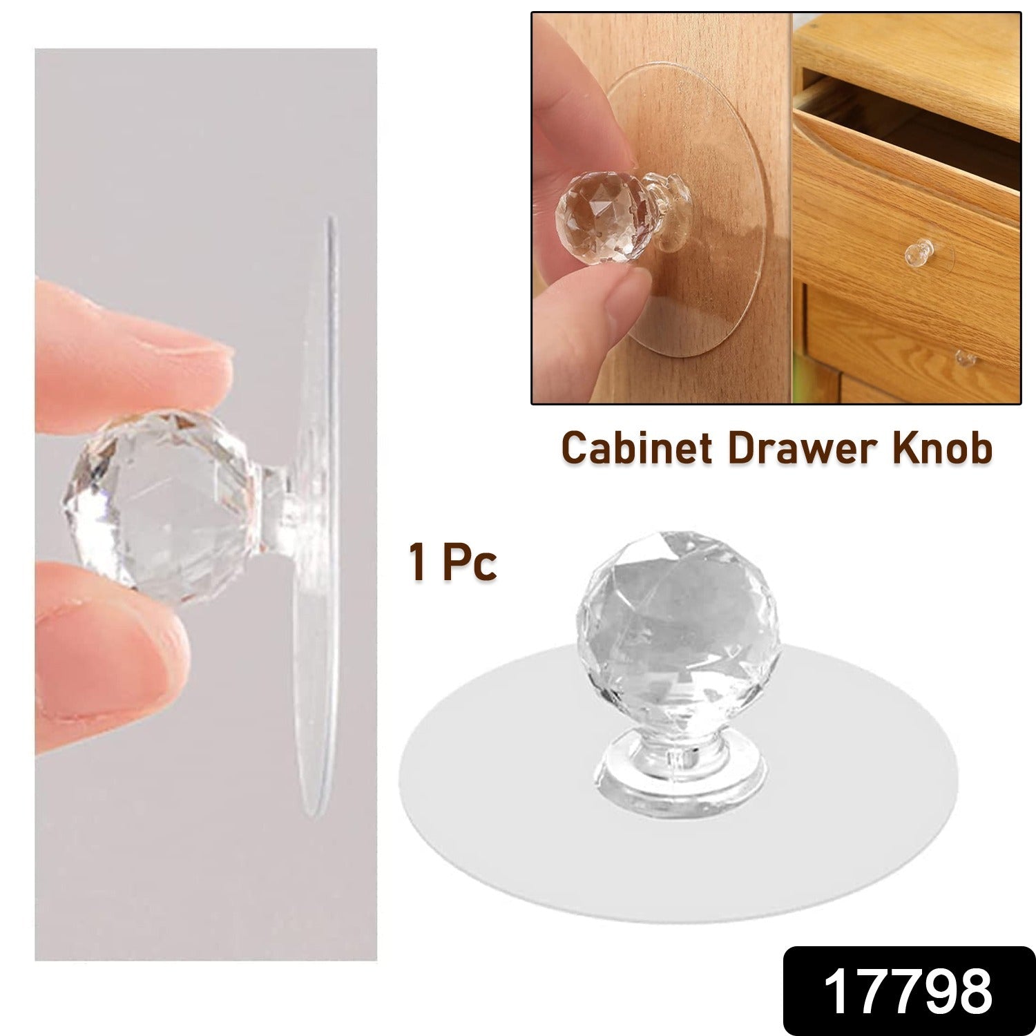 17798 Clear Cabinet Drawer Knobs / Hook, Diamond Crystal Shaped Pulls Handles for Wardrobe, Kitchen, Cupboard, Bathroom Dresser, Furniture Door Window (1 Pc)