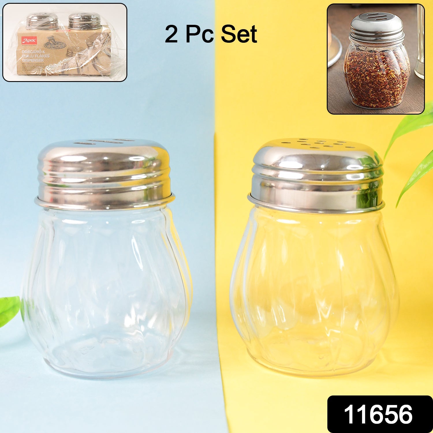 Apex Oregano & Chilli Flakes Dispenser Set – 2 Pcs Glass Spice Shaker with Stainless Steel Lid