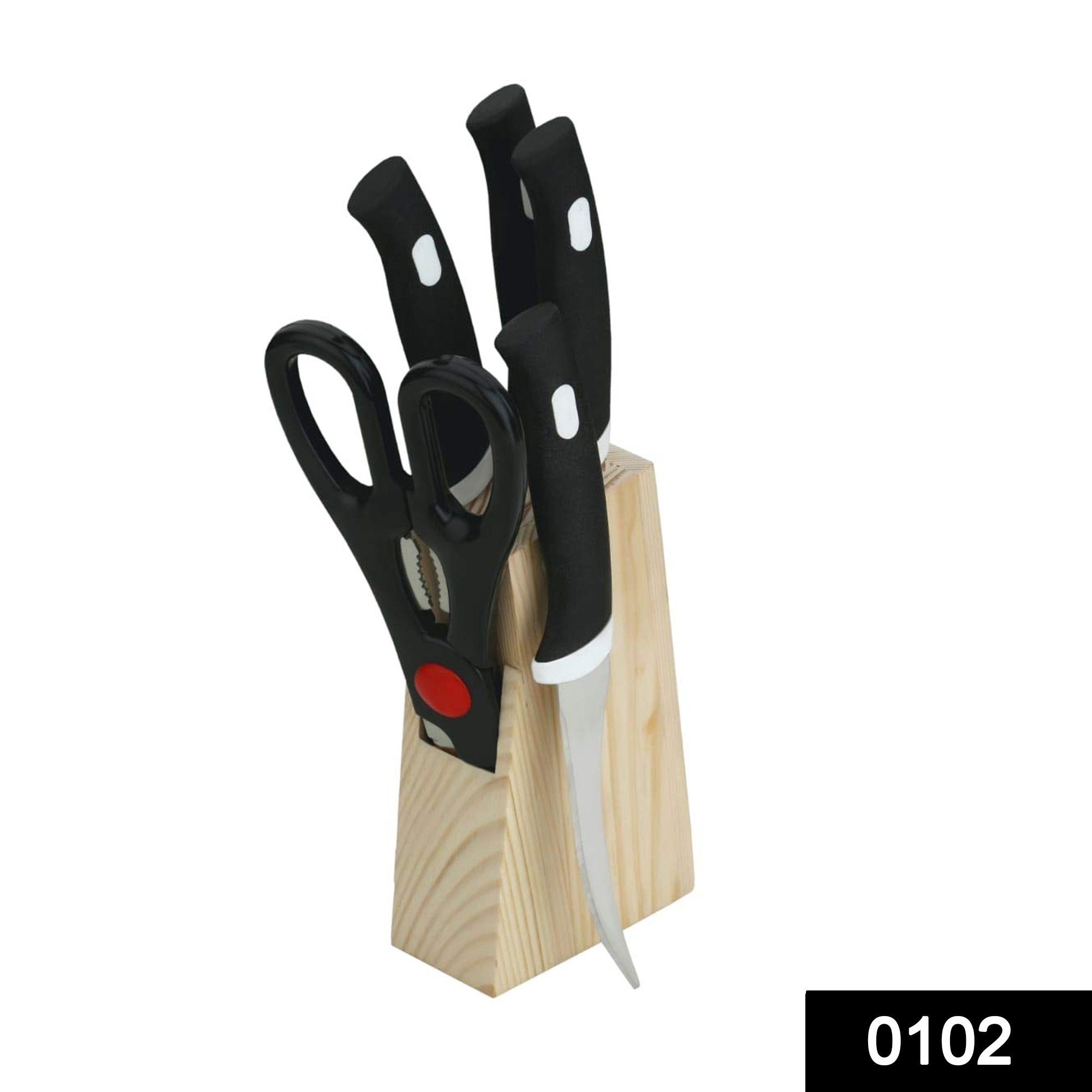 0102 Kitchen Knife Set with Wooden Block and Scissors (5 pcs, Black) - SkyShopy