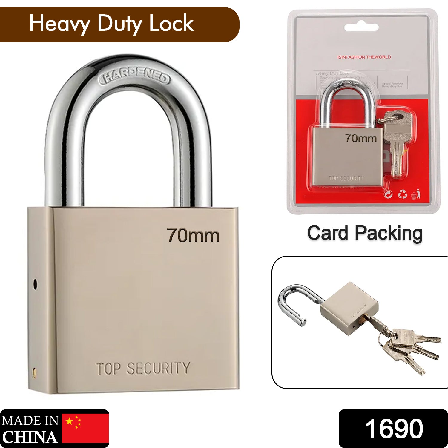 1690 Heavy Steel Premium Square Padlock 70mm With 4 Keys | Multipurpose Hardened Shackle Padlock for Door, Gate, Shutter and Home DeoDap