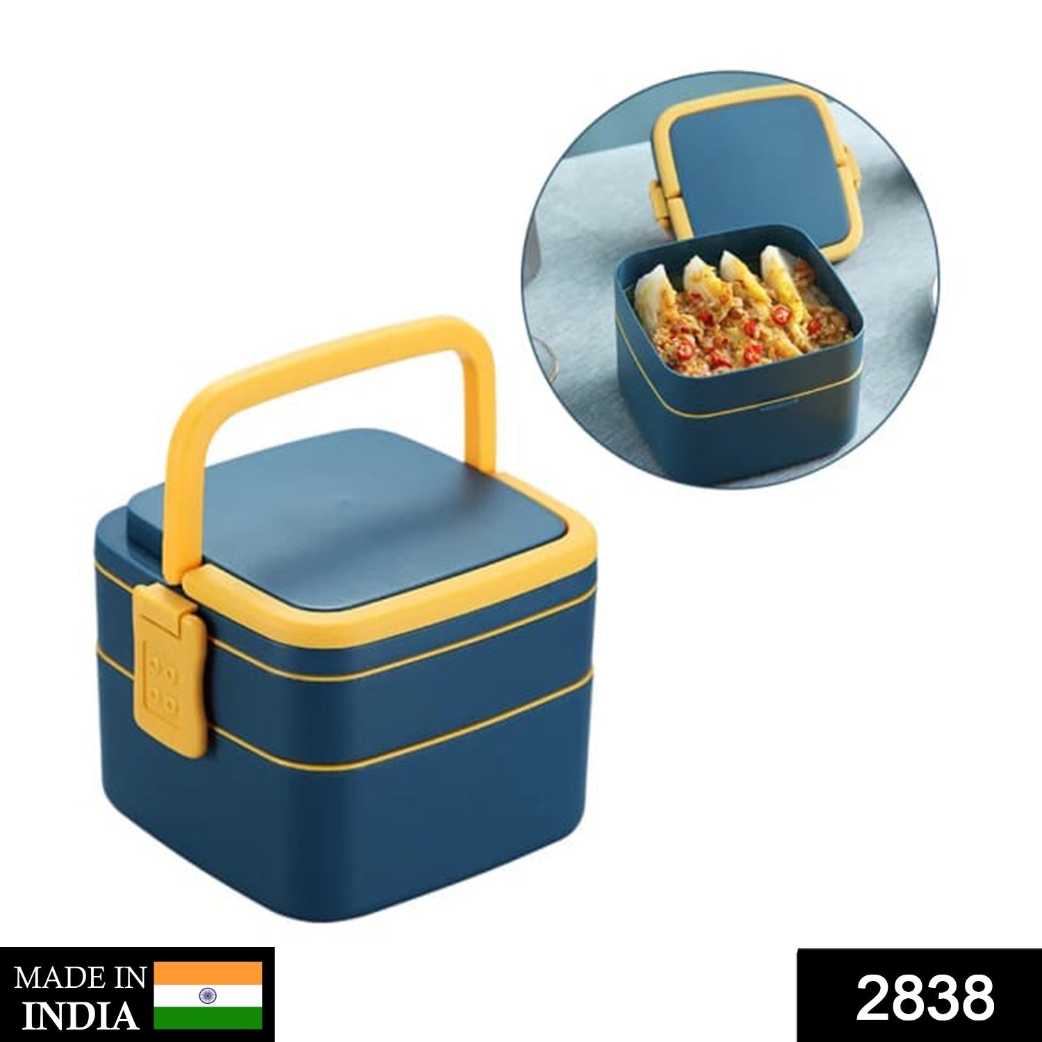2838 Blue Double-Layer Portable Lunch Box Stackable with Carrying Handle and Spoon Lunch Box DeoDap
