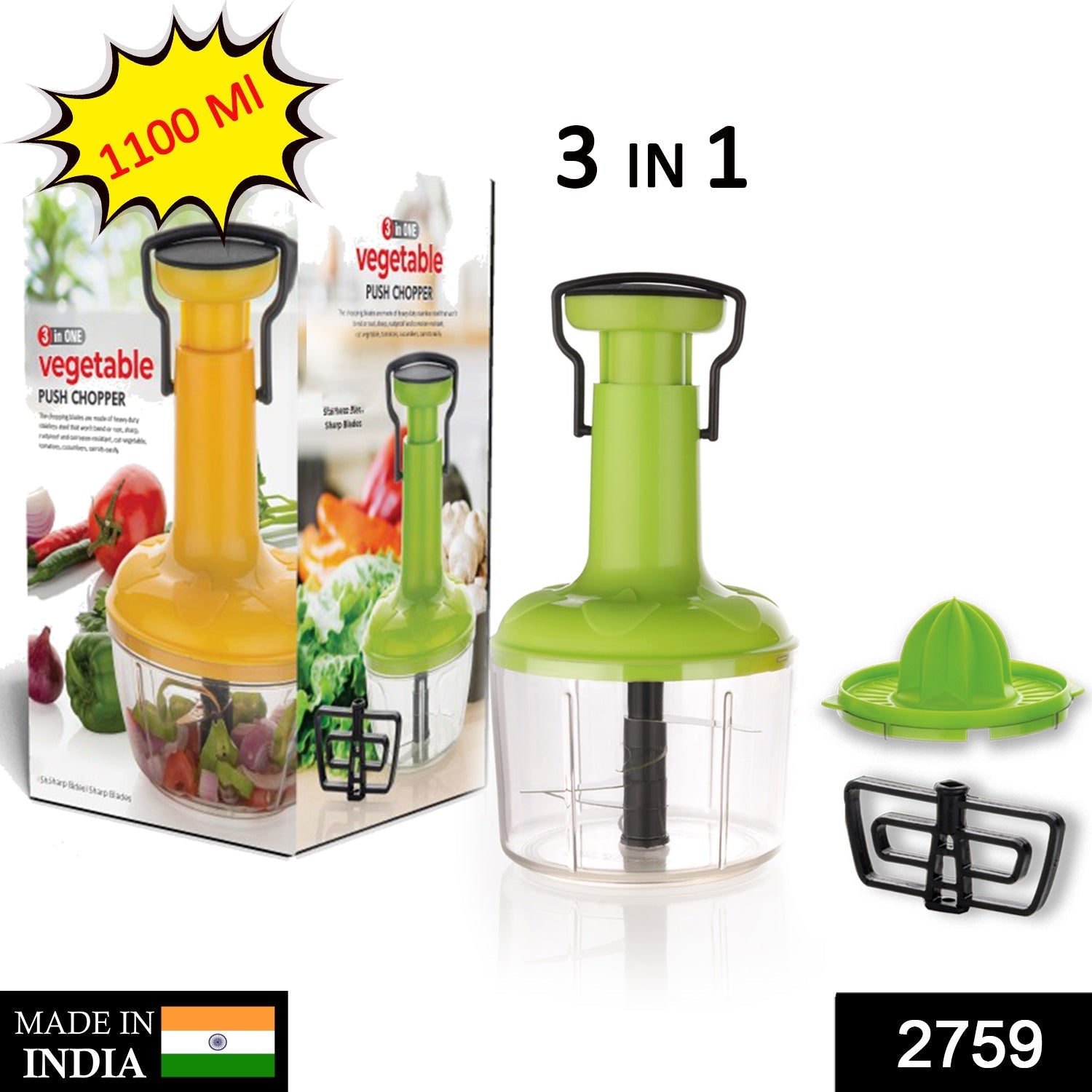 2759 3 In 1 Push Chop 1100Ml Used For Chopping Of Fruits And Vegetables. freeshipping - DeoDap