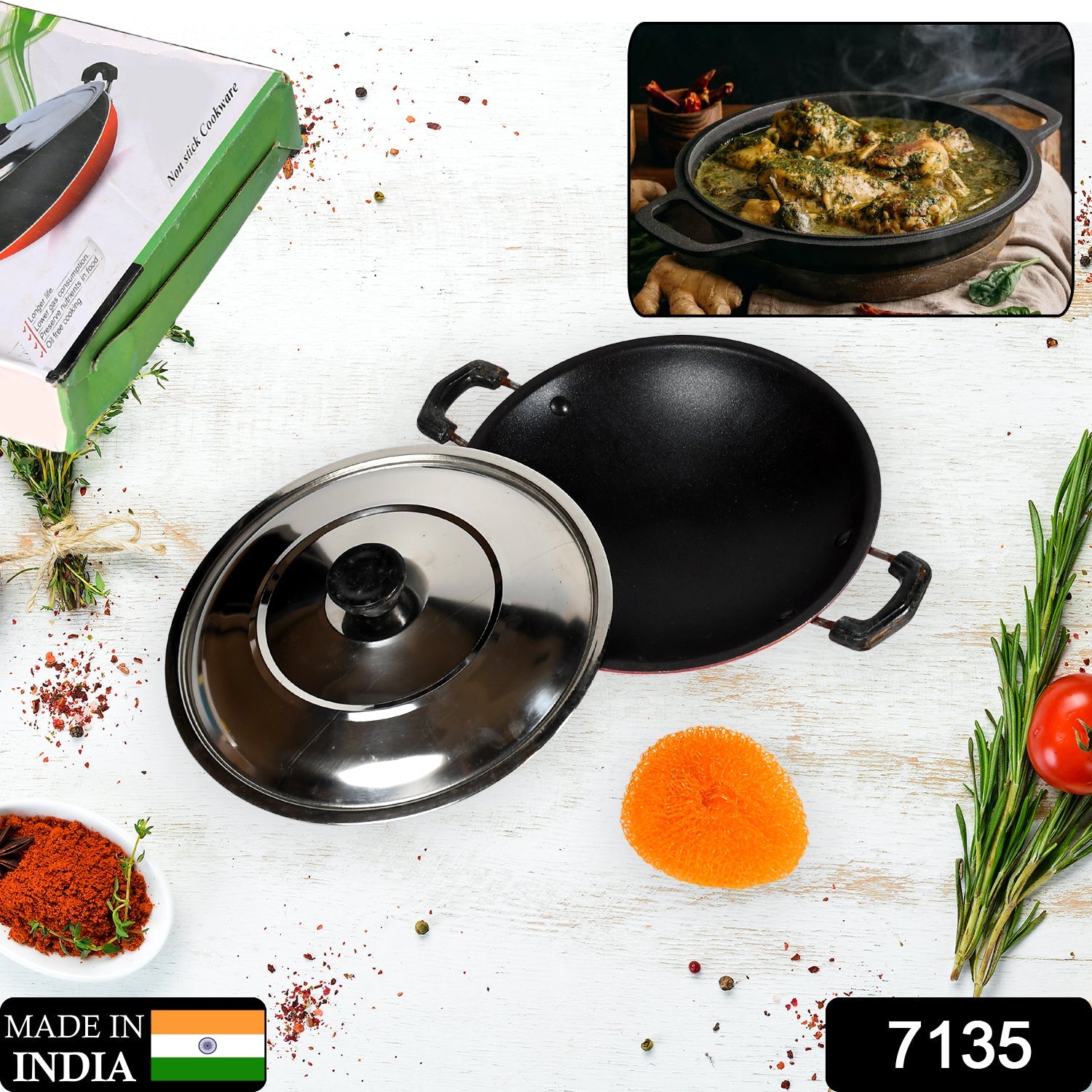 7135 Nonstick Kadhai With Lid Deep Frying Pan, Kadhai with Lid for Cooking, Biryani Pot DeoDap