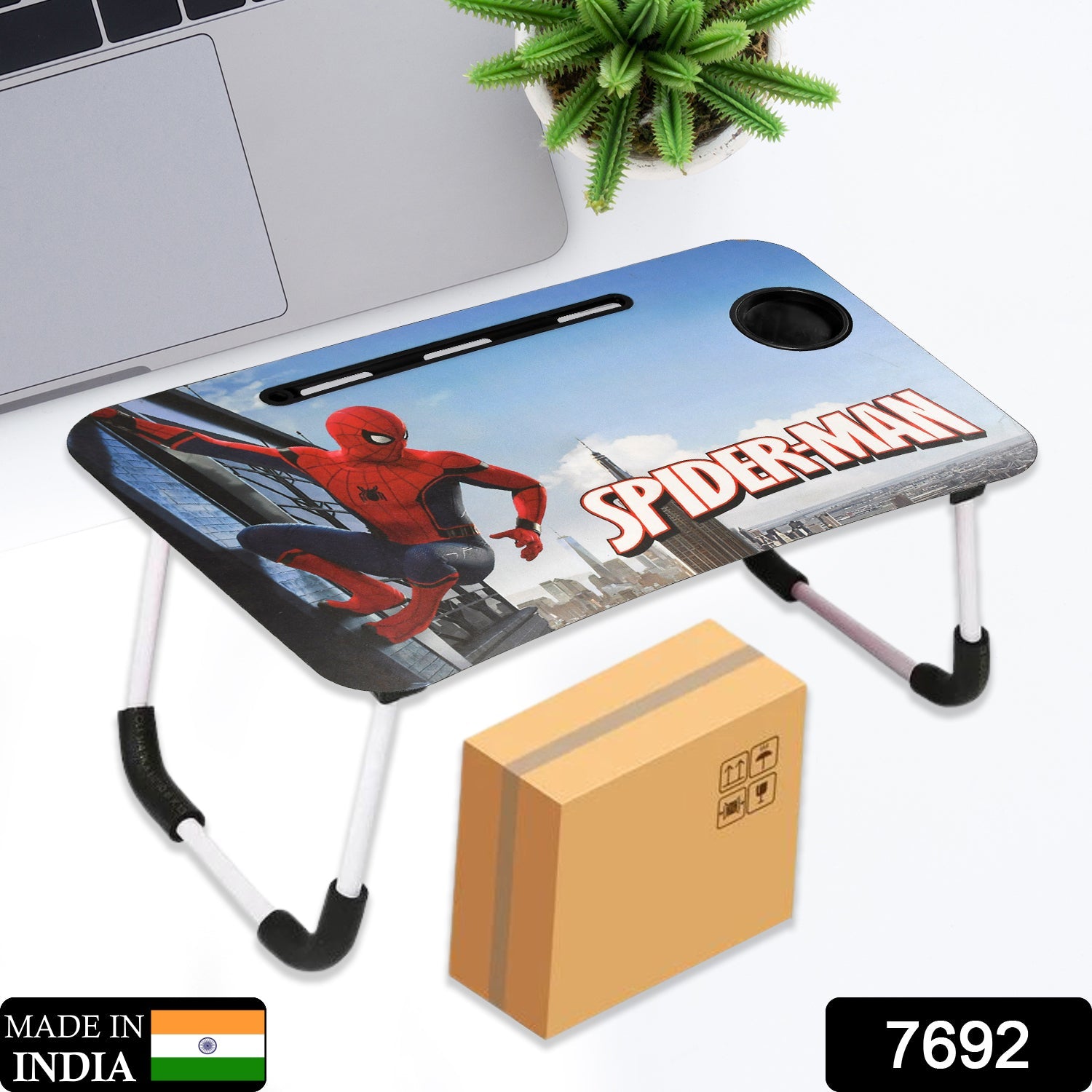 7692 Foldable Laptop Spiderman Printed Table for Adults , Portable Study Table for Kids, Work from Home Lapdesk with Tablet Holder and Cupholder Table DeoDap