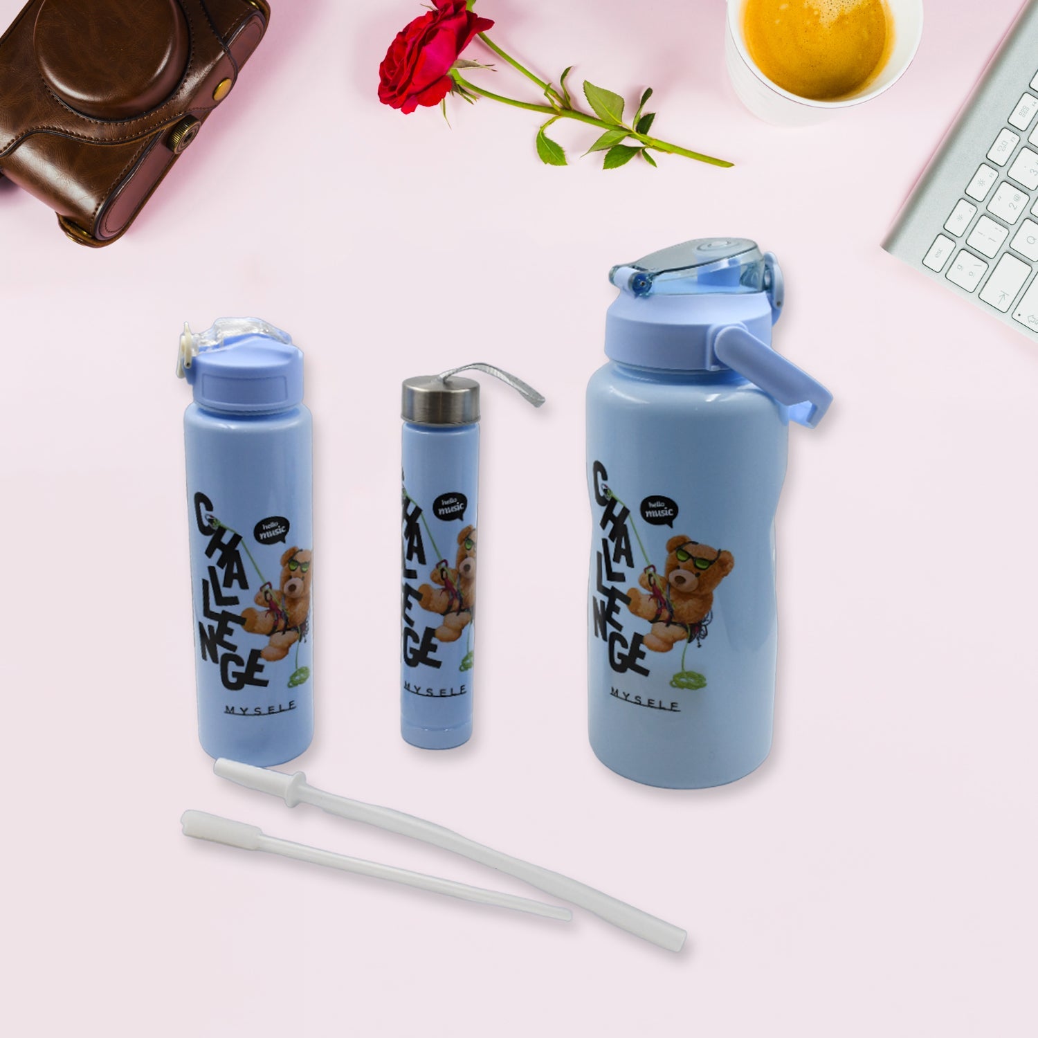 8403 Plastic Water Bottle 3pc Set,3  Different Size Bottle High Quality Water Bottle Plastic Water Bottle BPA-Free & Leak-Proof!  Cartoon Printed Design for Kids' School, For Fridge, Office, Sports, School, Gym, Yoga (3 Pc Set)