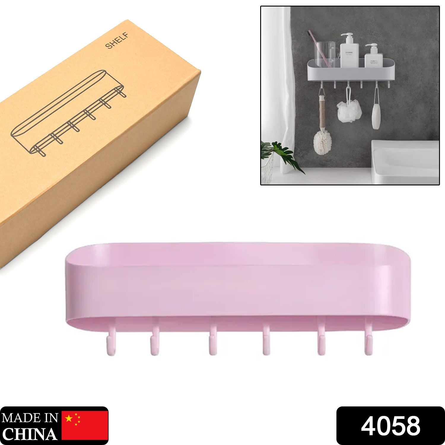 4058 Multipurpose Bathroom Kitchen Shelf Plastic Wall Storage Organizer with 6 Hooks Without Drill self Adhesive and Magic Sticker DeoDap