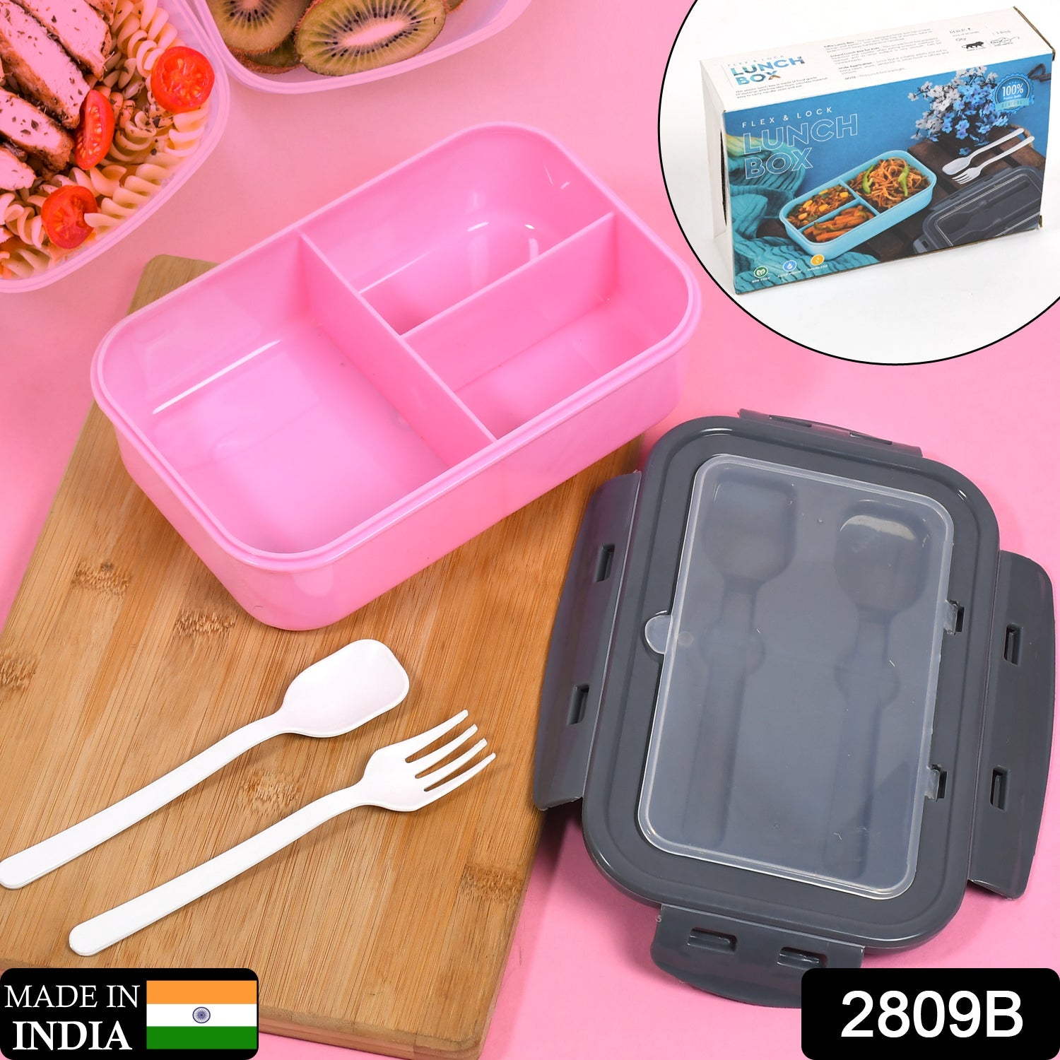2809b LUNCH BOX 3 COMPARTMENT PLASTIC LINER LUNCH CONTAINER, PORTABLE TABLEWARE SET FOR OFFICE , SCHOOL & HOME USE DeoDap