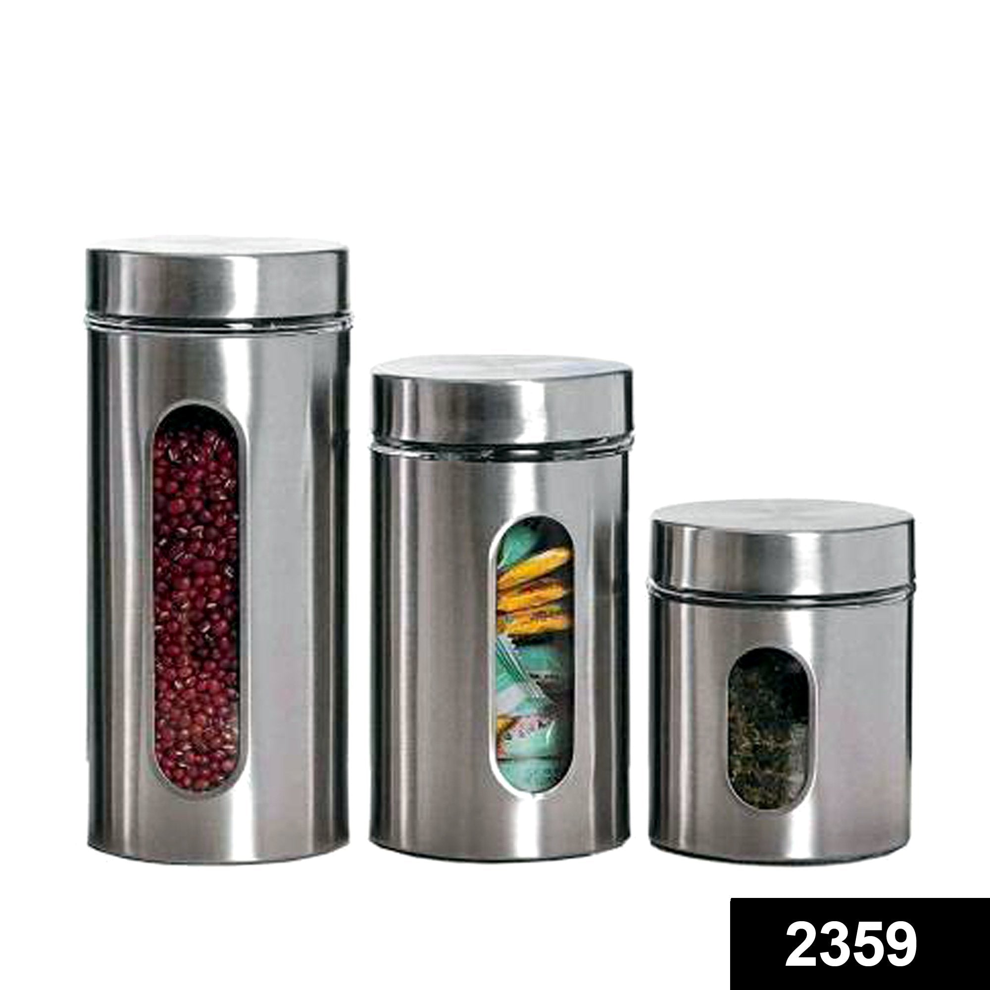 2359 Stainless Steel Jar With Visible Container Glass Window & Airtight Lid (Pack of 3) (325ml,500ml,740ml) - SkyShopy
