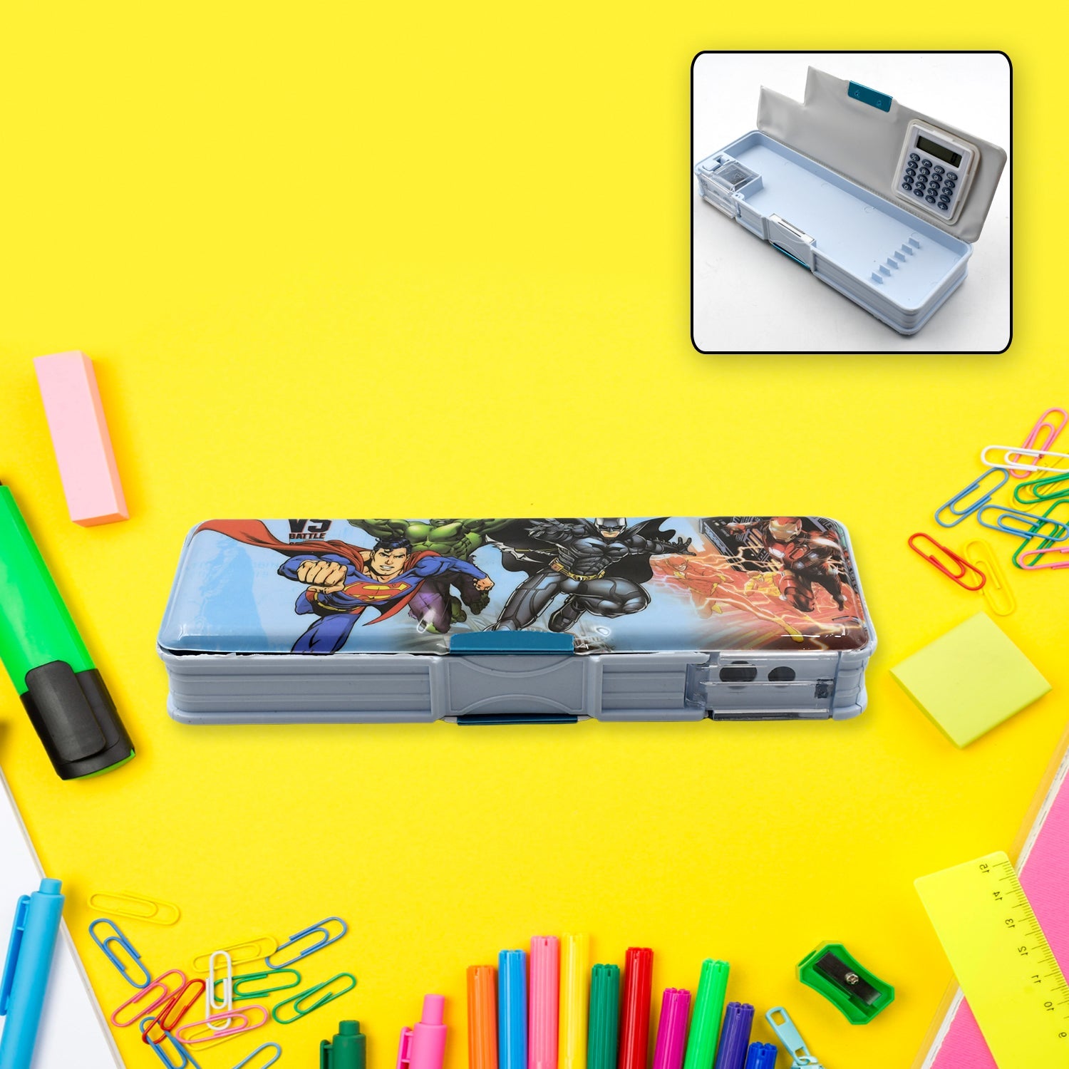 Pack of 2 pencil box for kids cartoon character geometry box with  calculator & sharpener pencil