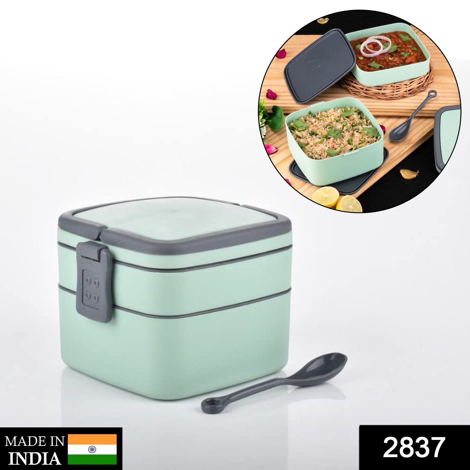 2837 Green Double-Layer Portable Lunch Box Stackable with Carrying Handle and Spoon Lunch Box DeoDap