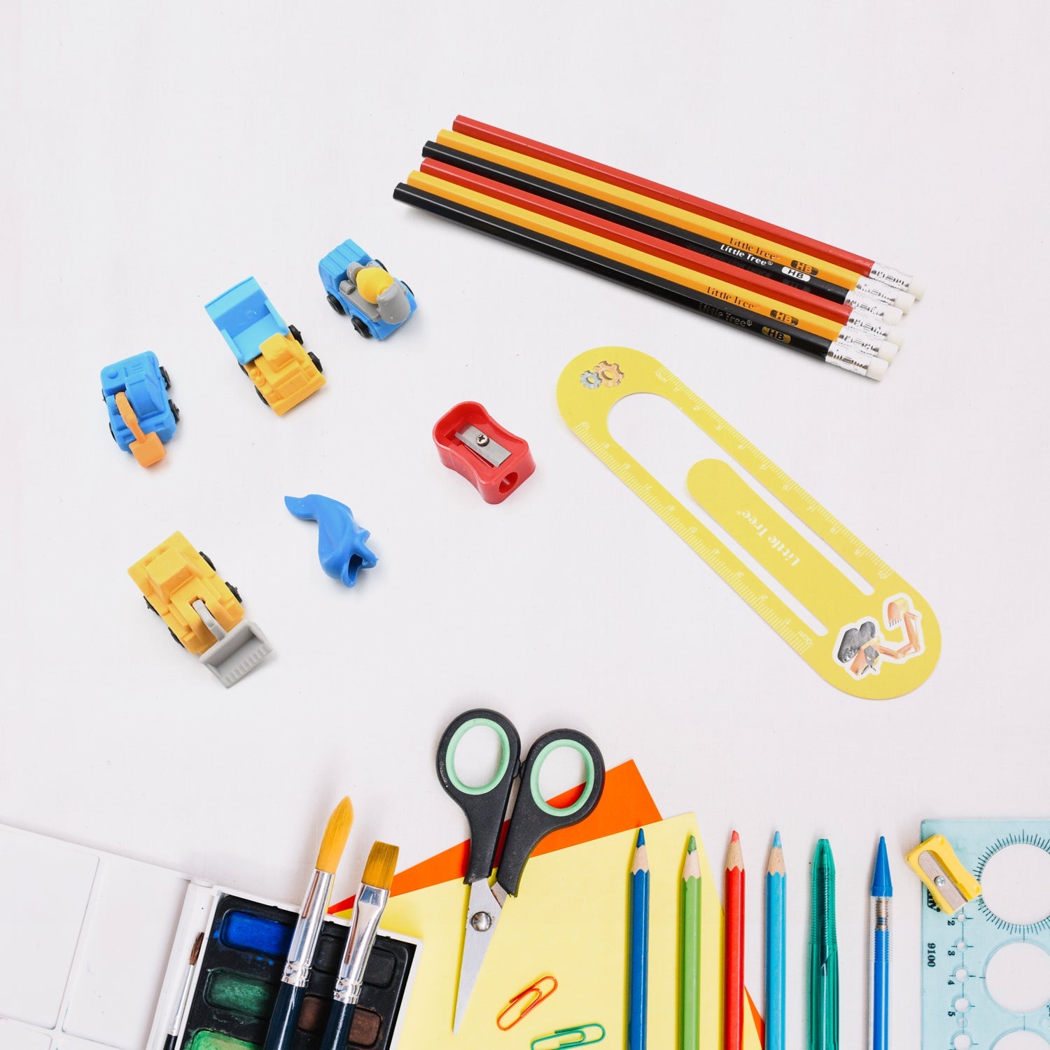4547 Pencil and Eraser Set, Construction Truck Theme Stationery Kit Includes 6 Pencils, 4 Erasers, 1 Sharpener, 1 Ruler Bookmark, 1 Pencil Cap Stationary For Birthday Gifts for Kids, Birthday Return Gifts (13 Pc set)