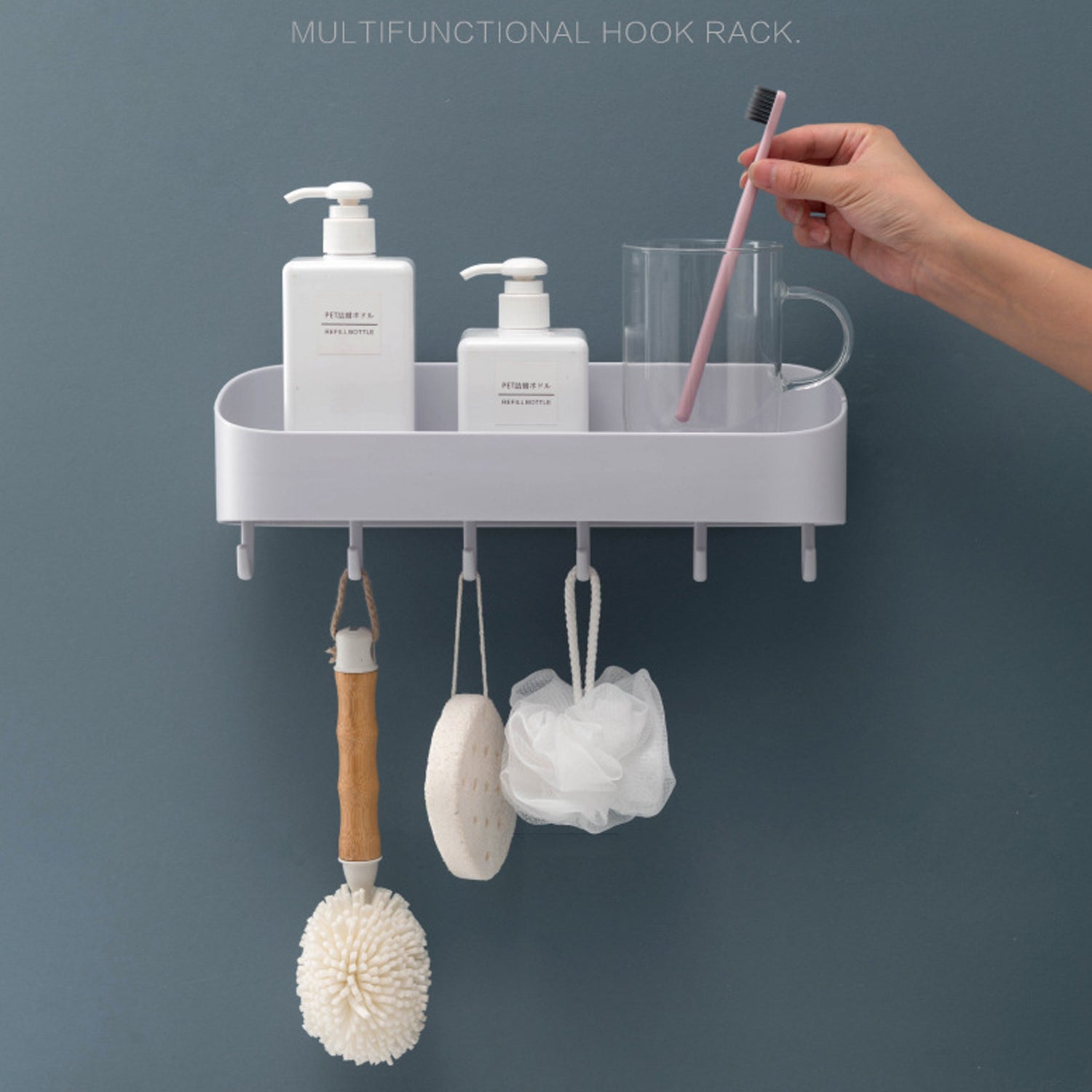 4058A BATHROOM KITCHEN SHELF PLASTIC WALL STORAGE ORGANIZER WITH 6 HOOKS WITHOUT DRILL SELF ADHESIVE AND MAGIC STICKER DeoDap