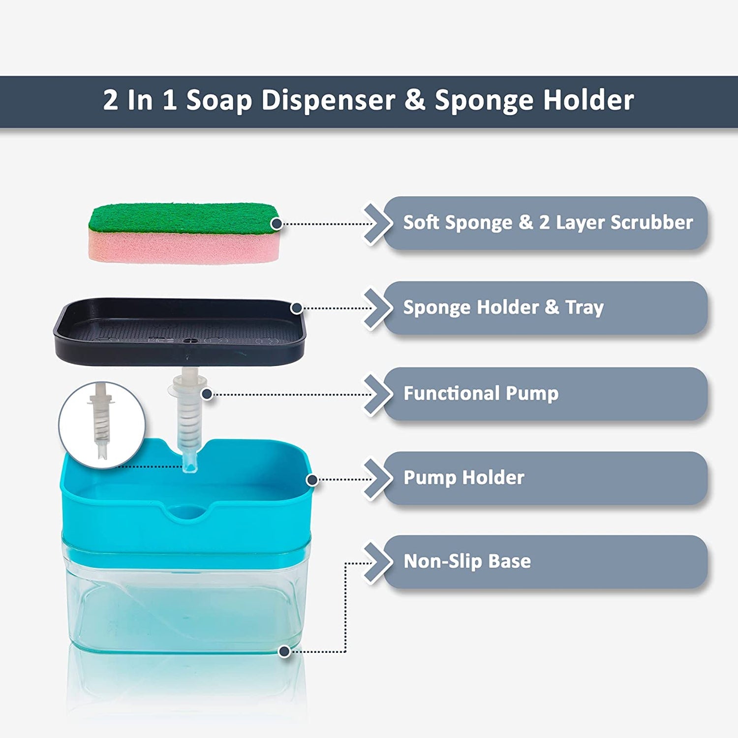 6212  2in1 Sponge Holder Soap Dispenser, Manual Press Liquid Pump Storage DeoDap