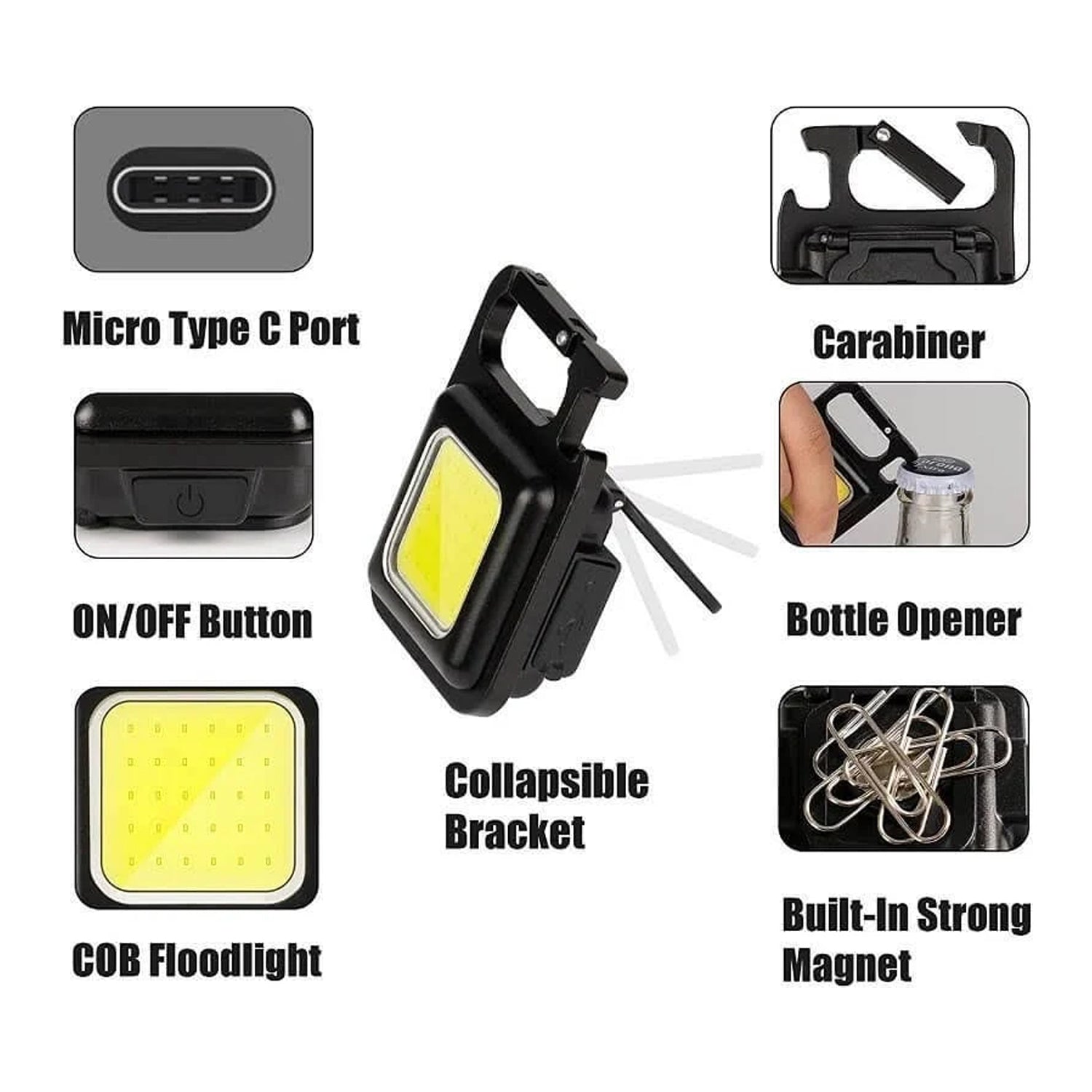 Rechargeable Keychain Mini Flashlight with 4 Light Modes,Ultralight Portable Pocket Light with Folding Bracket Bottle Opener and Magnet Base for Camping Walking
