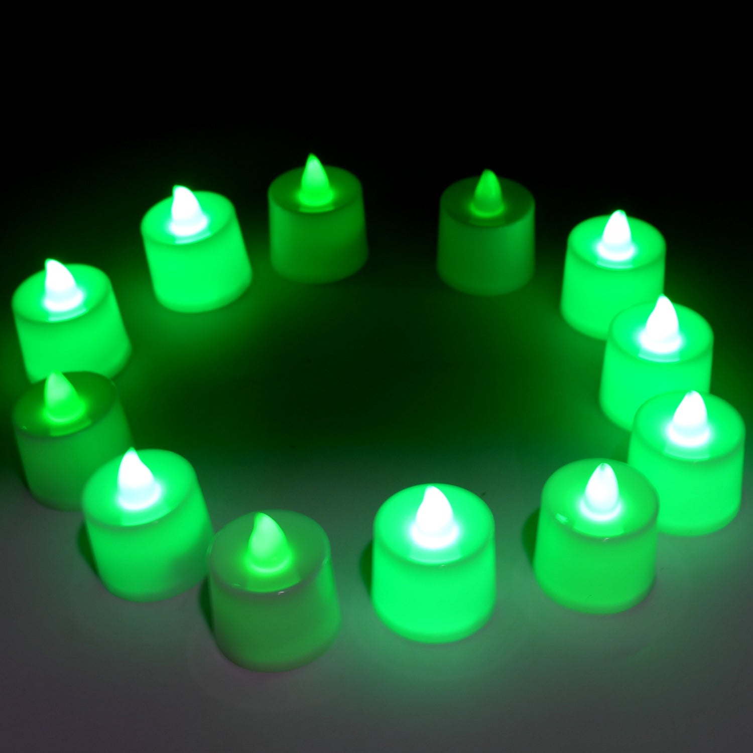 6635b GREEN FLAMELESS LED TEALIGHTS, SMOKELESS PLASTIC DECORATIVE CANDLES - LED TEA LIGHT CANDLE FOR HOME DECORATION (PACK OF 12)