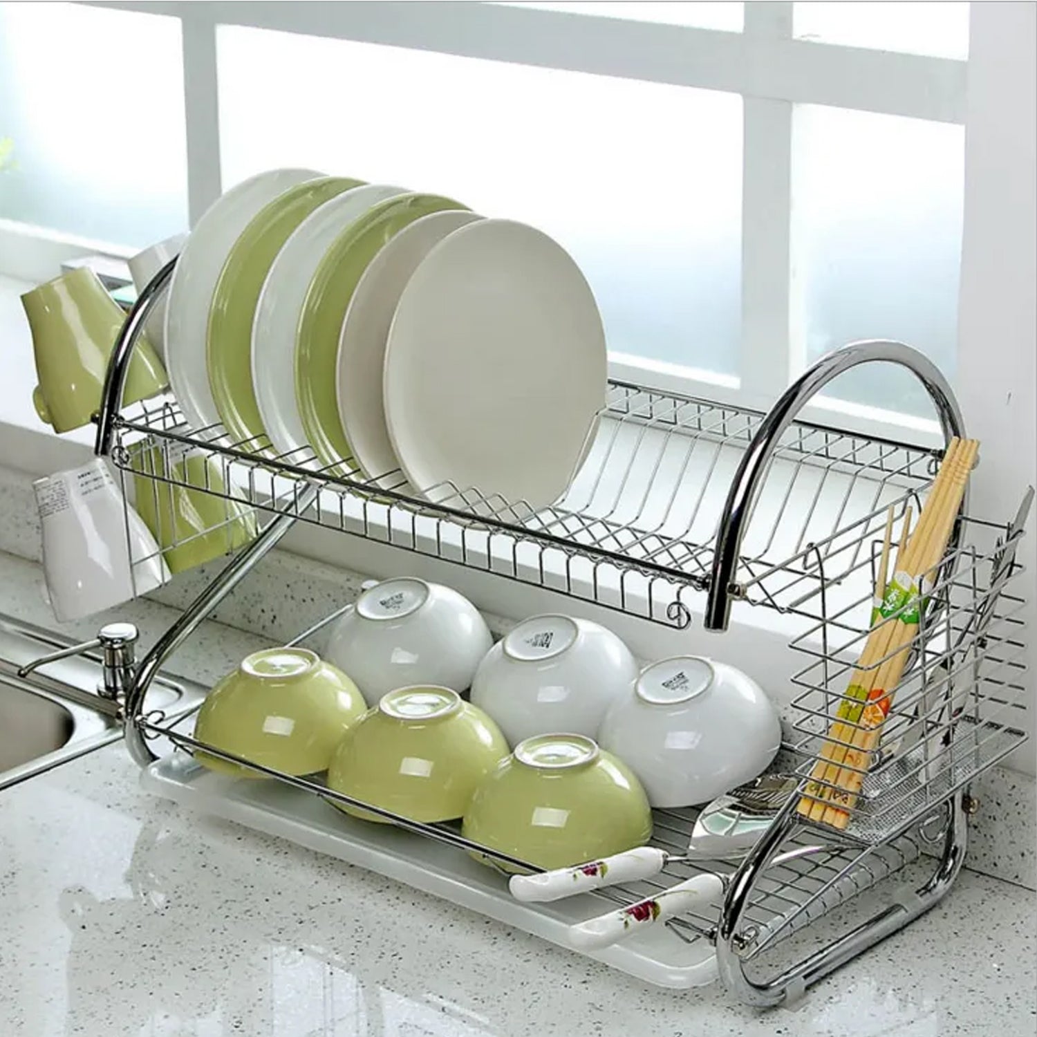 7665 Two Layer Dish Drying Rack with Drain Board Dish Rack with Utensil Holder DeoDap
