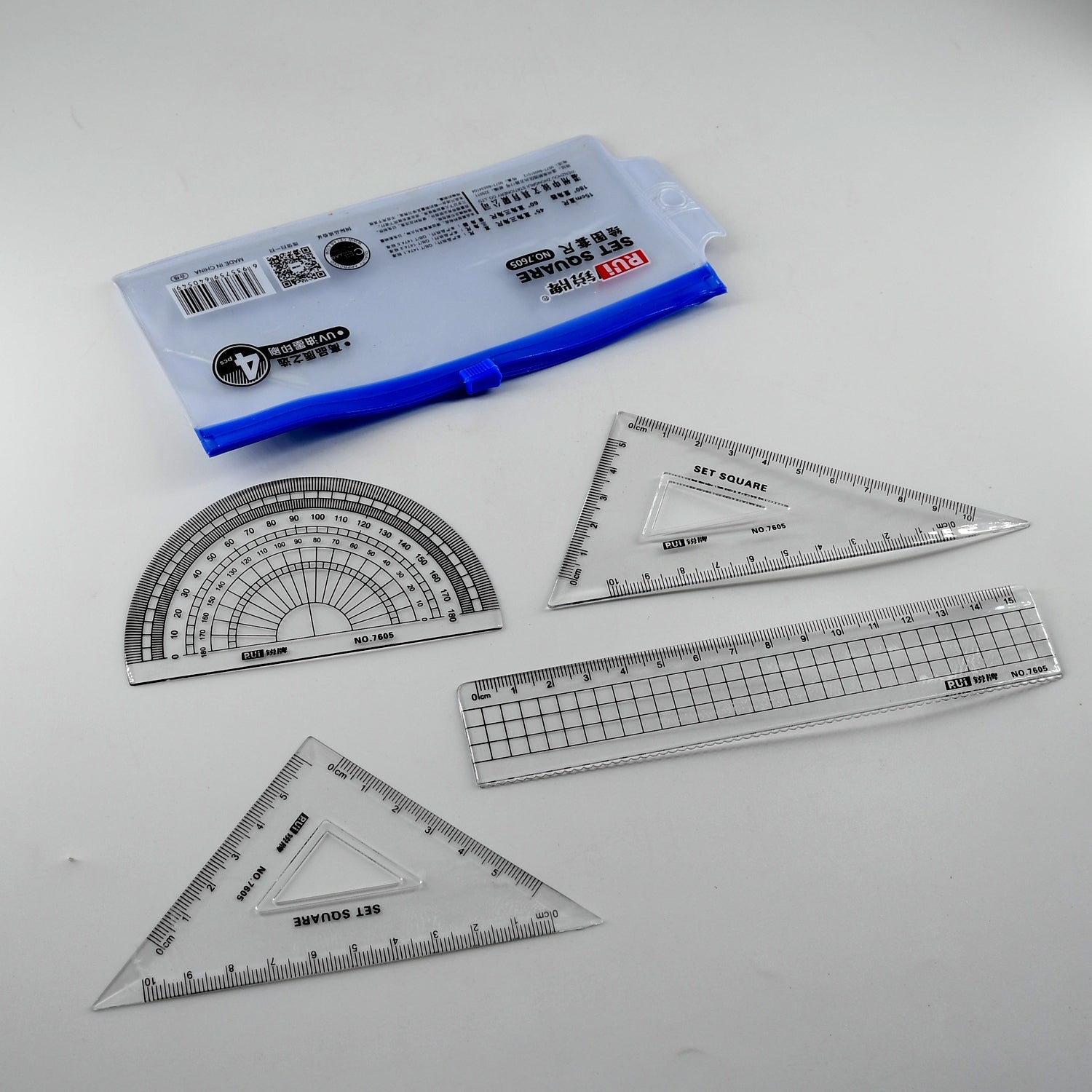 7915 Math Geometry Tool Plastic Clear Ruler Sets, Protractor, Triangle Math Architectural Tools 4 Pieces DeoDap