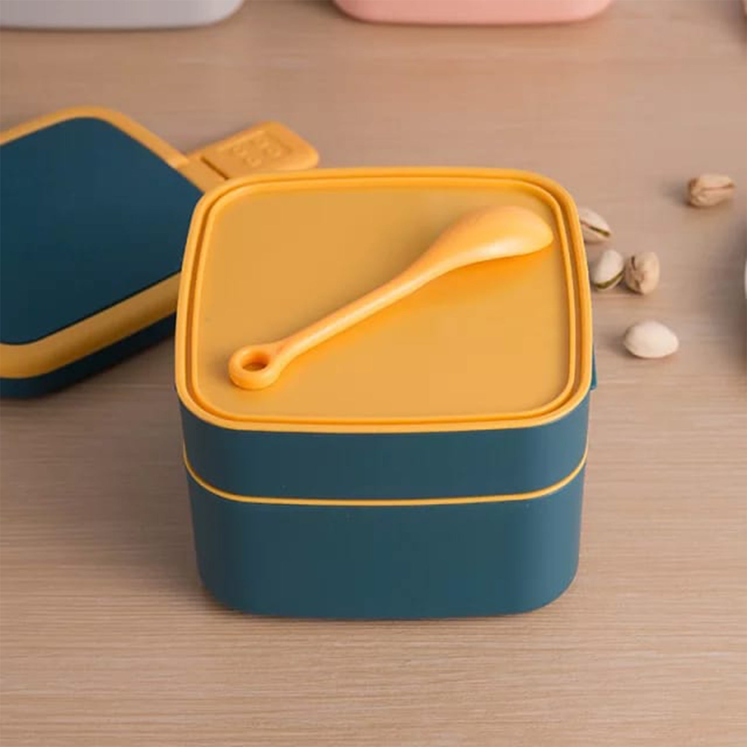 2838 Blue Double-Layer Portable Lunch Box Stackable with Carrying Handle and Spoon Lunch Box DeoDap